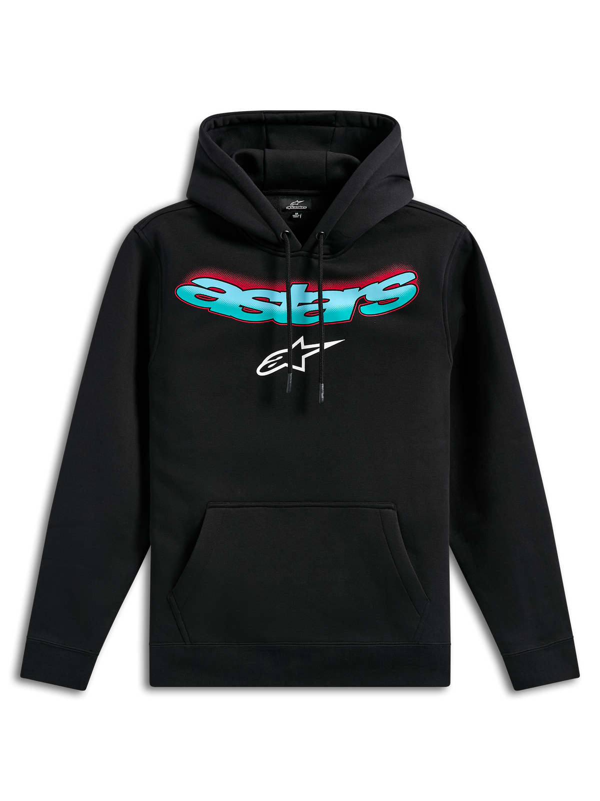 Felpa con cappuccio Alpinestars Ellipsoid, felpa pullover nera, con scritta Astars curva sfumata verde acqua e rosso e logo a stella bianco, cappuccio con cordino, tasca a marsupio, streetwear casual d'ispirazione motorsport
