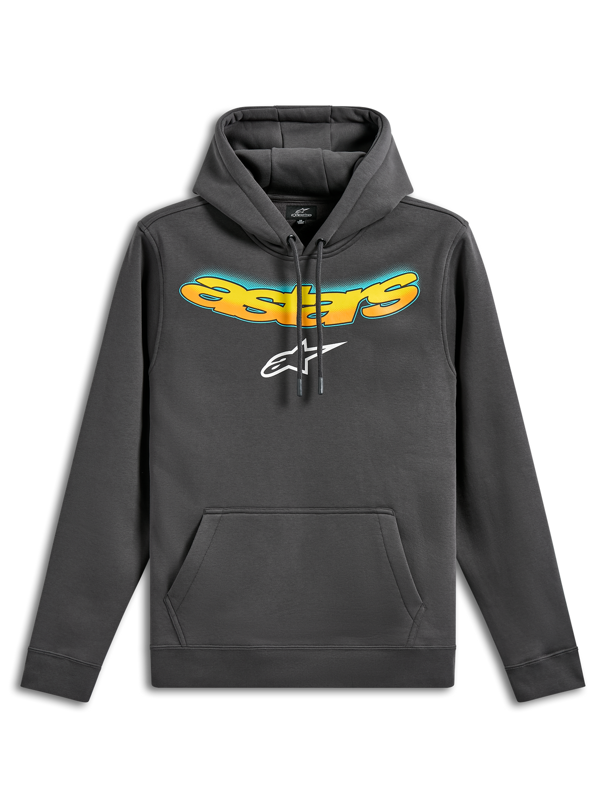 Felpa con cappuccio Alpinestars Ellipsoid, felpa in pile pullover, grigio gunmetal, scritta Astars curva con gradiente giallo e arancione e logo Astars bianco, tasca a marsupio anteriore, streetwear casual ispirato al motorsport