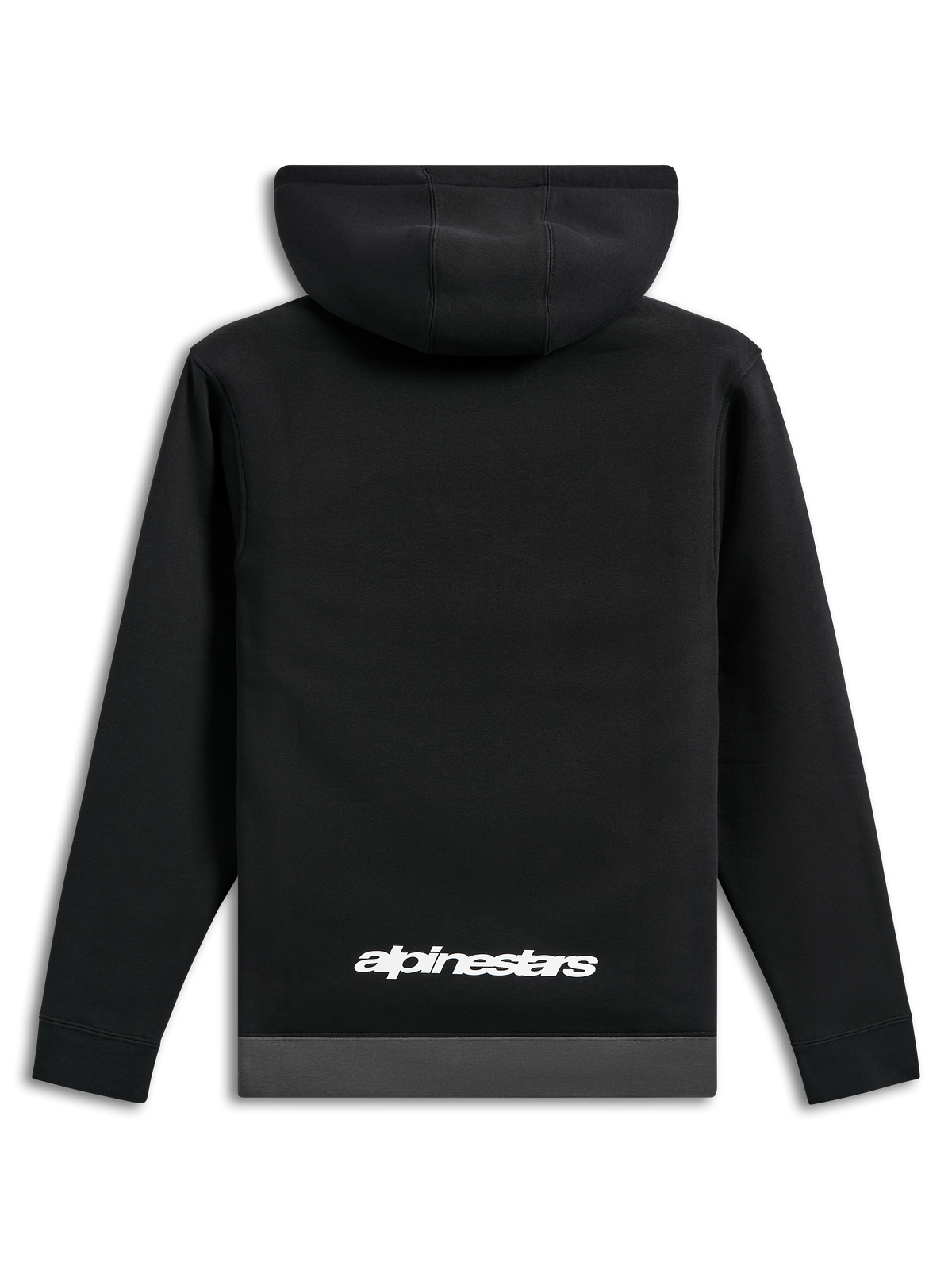 Felpa con cappuccio Alpinestars Parallel, vista posteriore, nera con orlo grigio canna di fucile, logo Alpinestars bianco sulla parte inferiore della schiena, streetwear casual ispirato al motorsport, maniche lunghe con polsini a coste