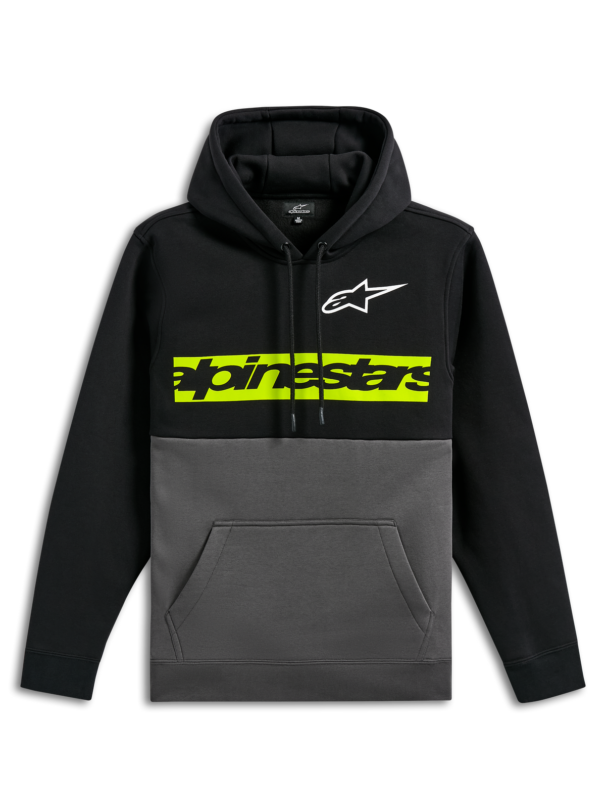 Felpa con cappuccio Parallel Alpinestars, felpa casual a blocchi di colore, parte superiore e maniche nere con fondo grigio gunmetal, logo Astars bianco sul petto, barra orizzontale giallo-verde con logo Alpinestars nero, cappuccio con cordino e tasca a marsupio frontale