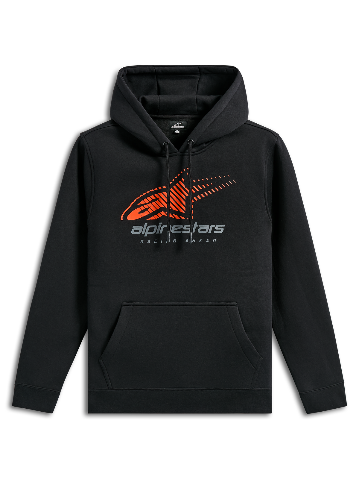 Felpa con cappuccio Alpinestars Pulse, abbigliamento sportivo casual nero, con logo Astars arancione con linee di velocità sfumate sul petto, marchio Alpinestars grigio, tasca a marsupio anteriore e cappuccio con cordino