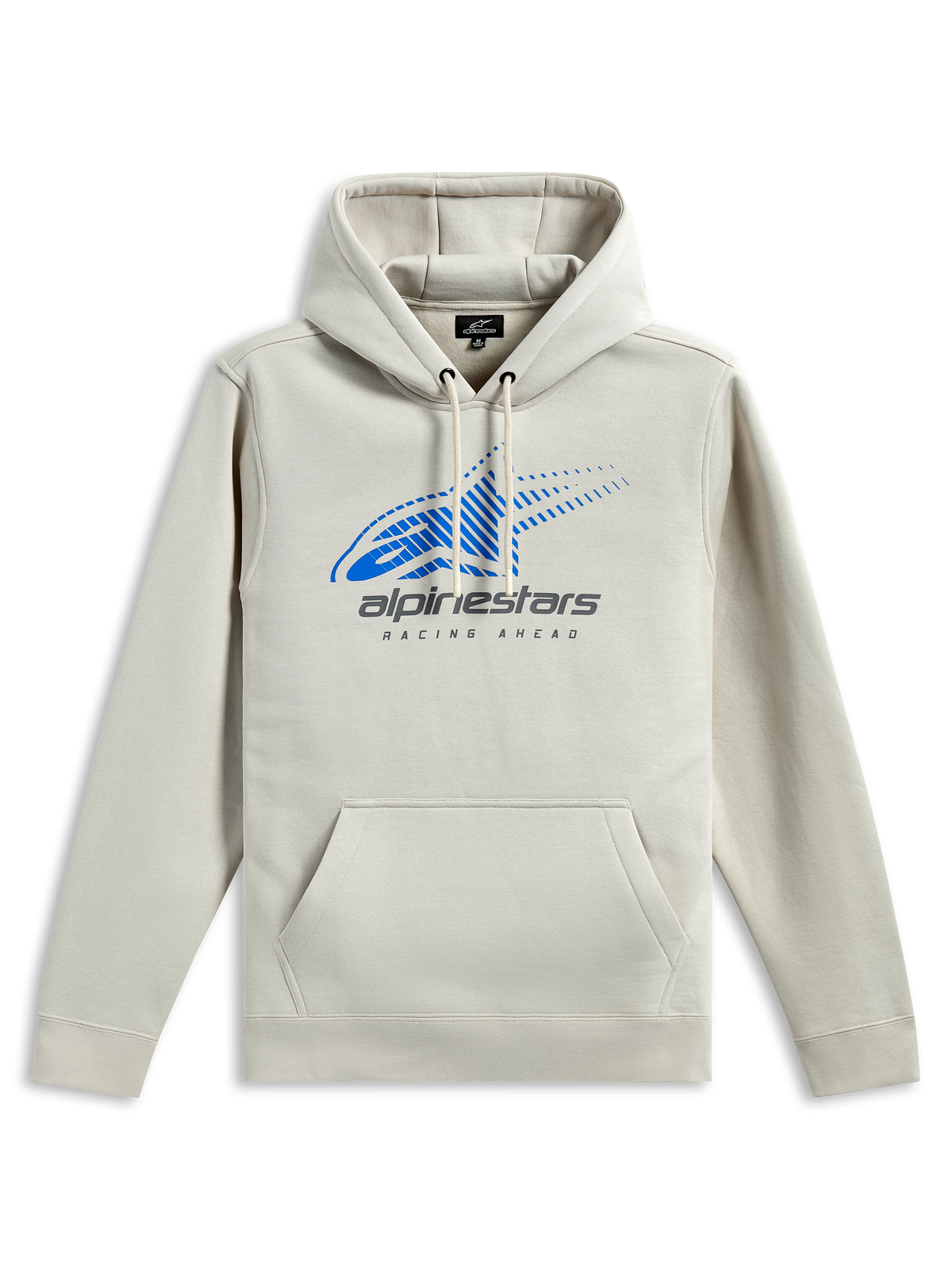Alpinestars Pulse Hoodie, streetwear casual, bianco sporco con logo Astars blu e branding grigio, tasca a marsupio frontale, cappuccio con cordino, maniche lunghe, design moderno ispirato al motorsport