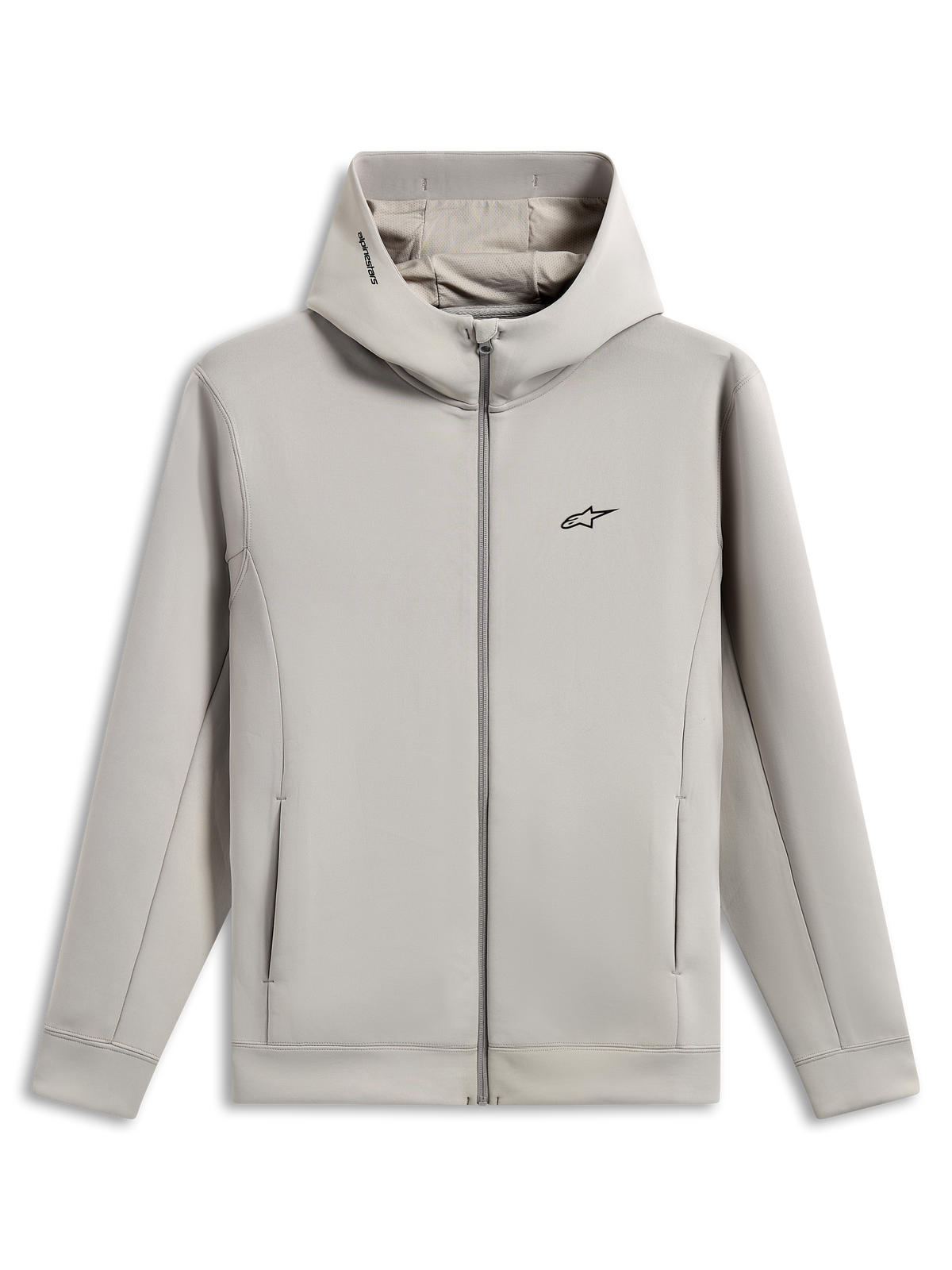 Felpa con cappuccio Alpinestars Cypher, felpa in pile double face con zip integrale, grigio Cement, caratterizzata da logo Astars nero sul petto, cappuccio a collo alto foderato in rete con logo Alpinestars, tasche sulle cuciture, design sportswear casual