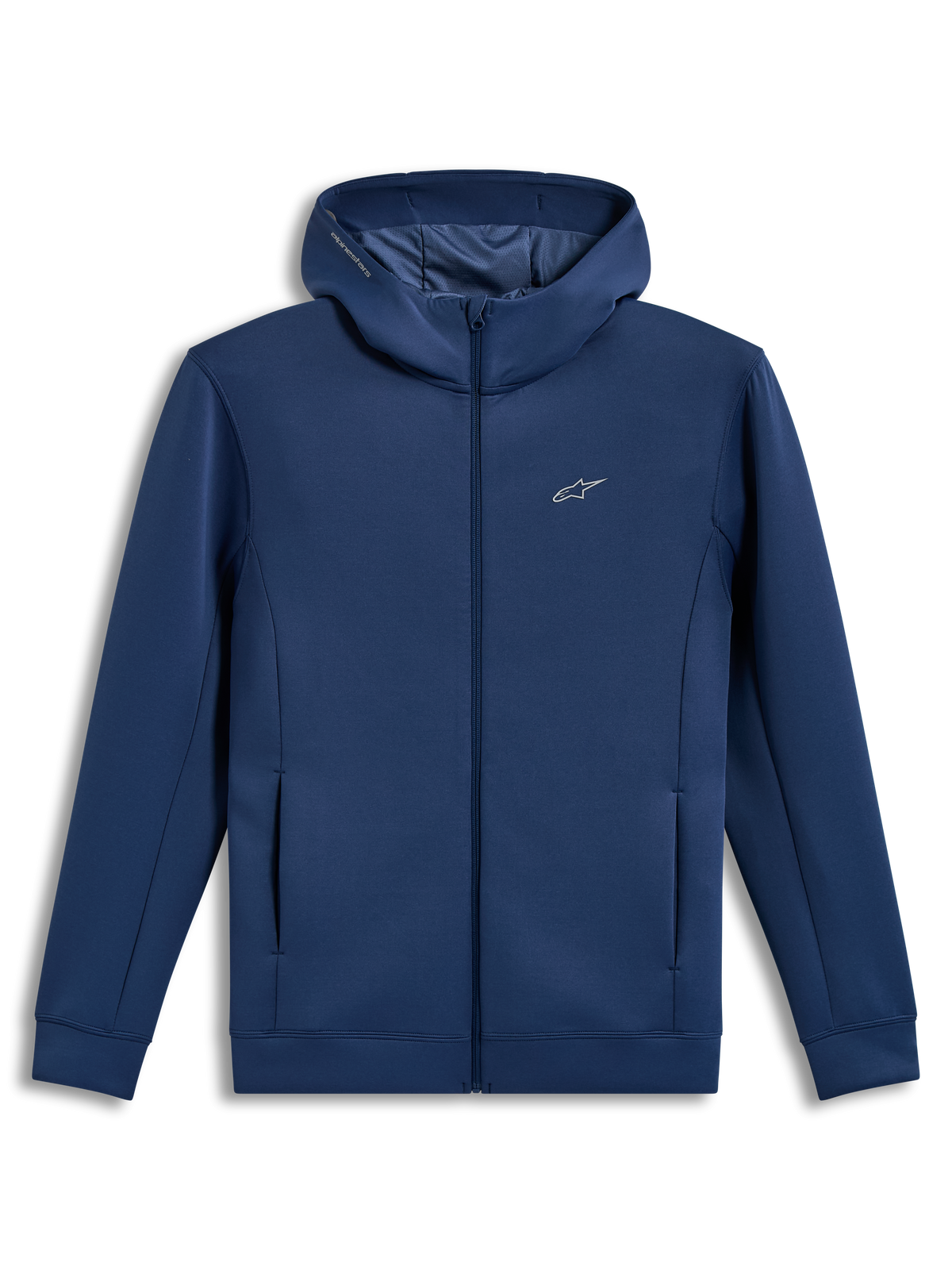 Alpinestars Cypher Hoodie, felpa con cappuccio a collo alto e zip, blu acciaio, pile tri-blend, logo Astars, abbigliamento sportivo casual
