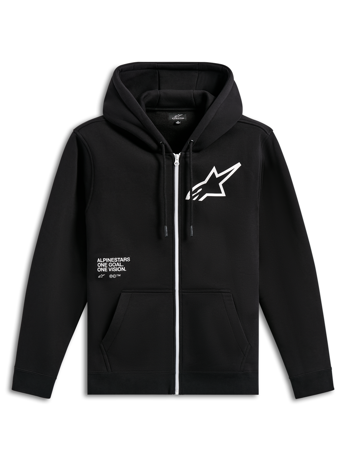 Alpinestars Transverse Hoodie, felpa nera con zip frontale, cerniera bianca, grande logo Astars bianco sul petto, grafica con scritta 'One Goal, One Vision', cappuccio con cordini e polsini a coste, streetwear casual motorsport