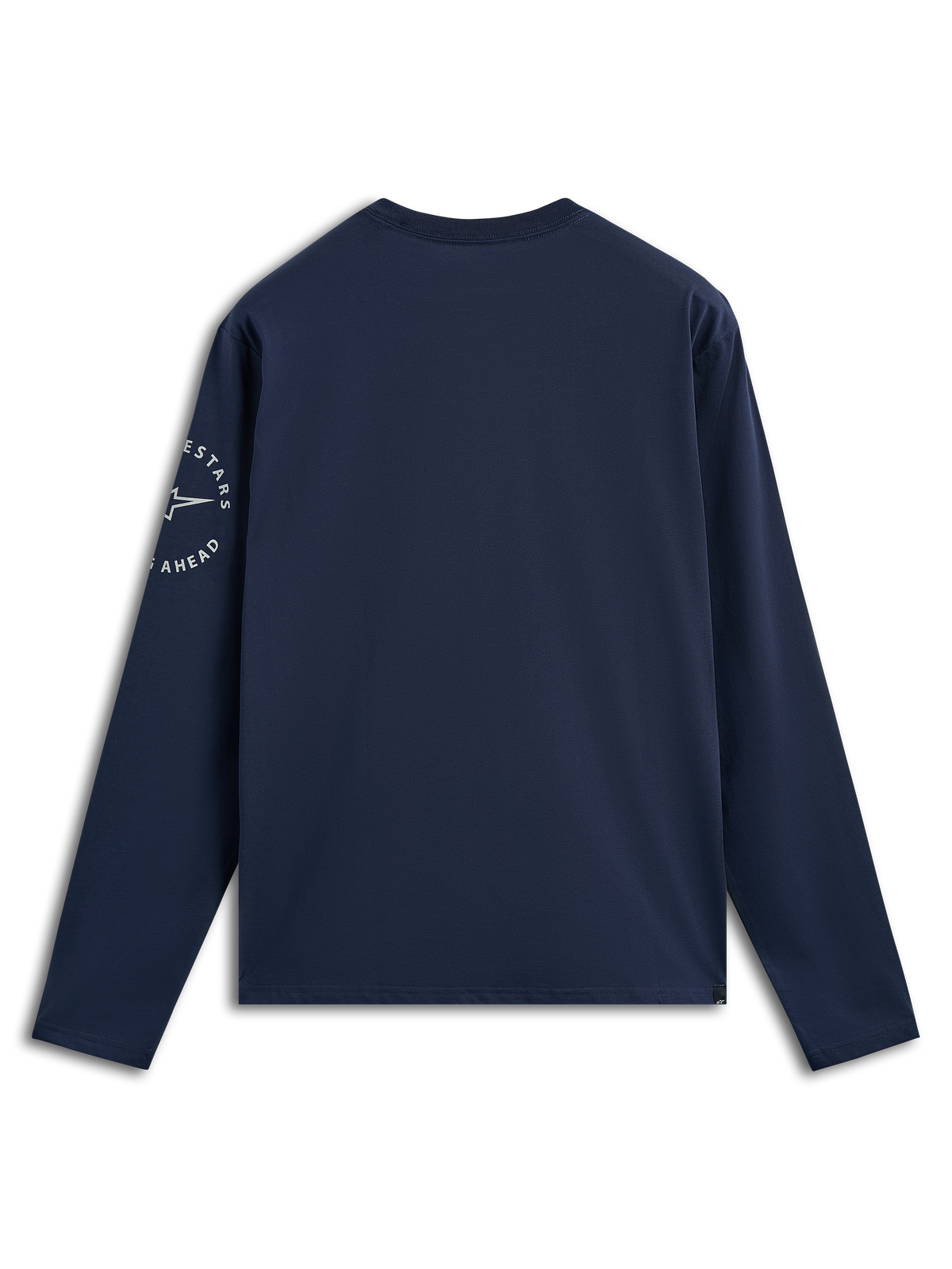 Alpinestars Mandatory CSF Tee, maglietta a maniche lunghe, blu navy, vista posteriore con logo circolare Astars bianco sulla manica sinistra, streetwear casual ispirato al motorsport