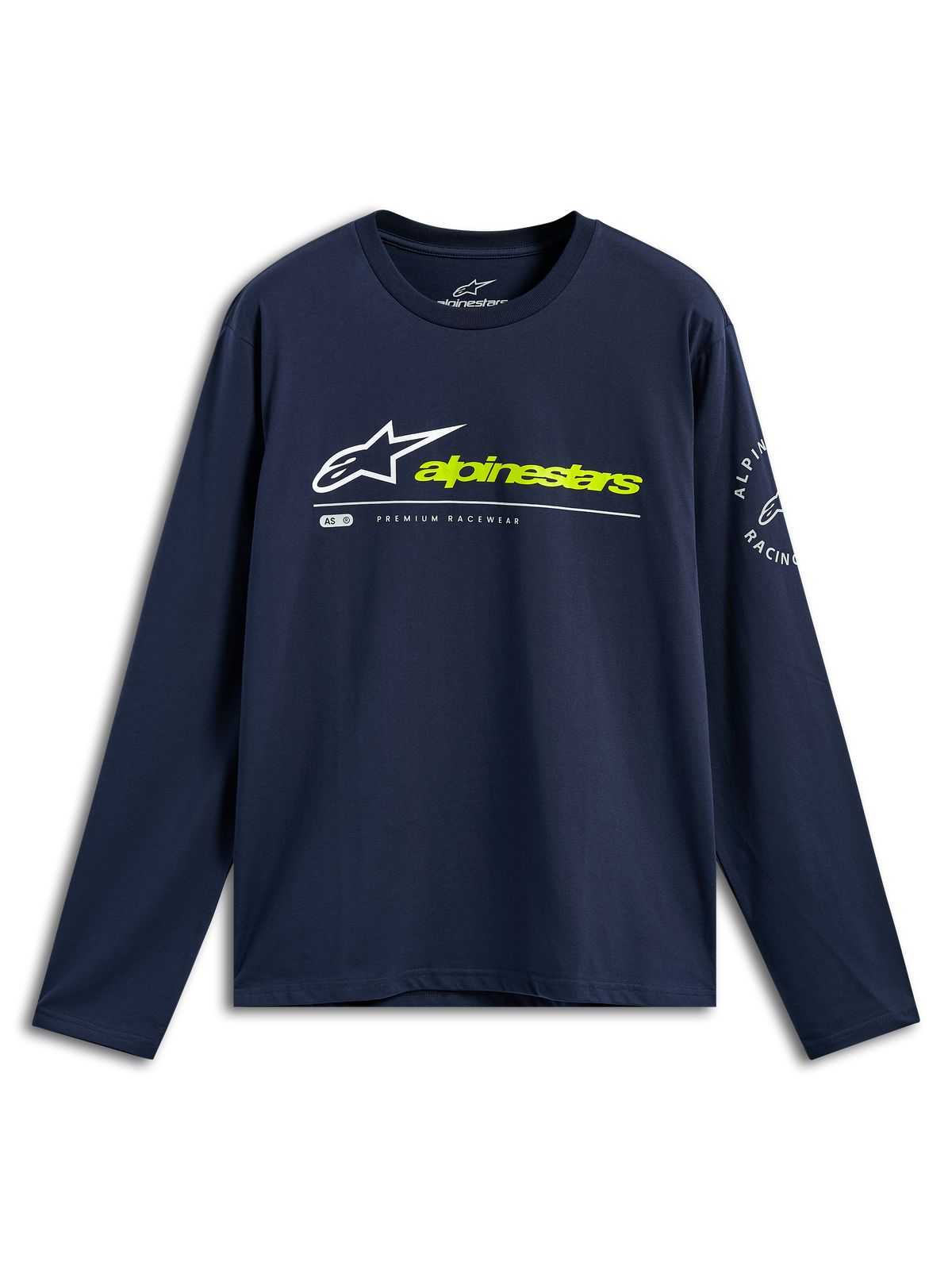 Alpinestars Mandatory CSF Tee, maglietta a maniche lunghe, blu navy, logo Astars bianco e scritta Alpinestars giallo neon sul davanti, logo circolare sulla manica, abbigliamento sportivo casual