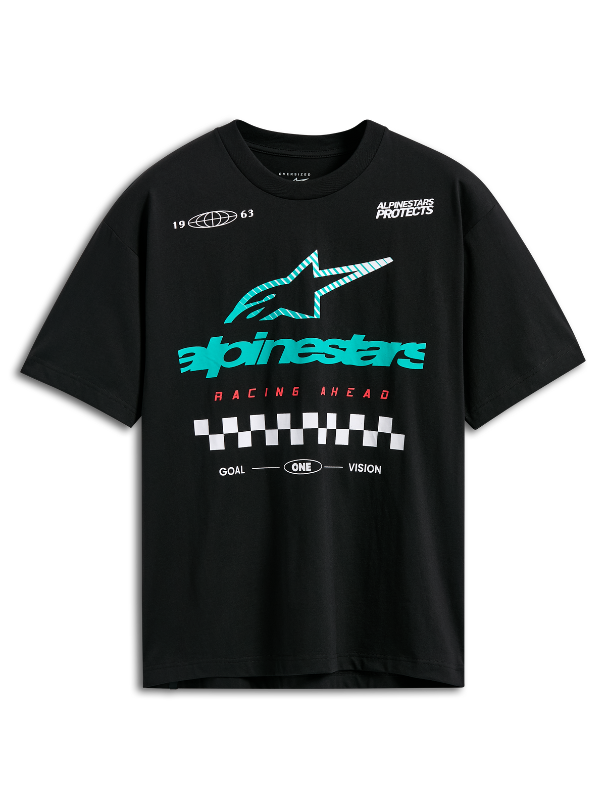 Alpinestars Aplomb Oversized CSF Tee, maglietta a maniche corte, nero, grande logo Astars a strisce color petrolio e bianco, scritta Racing Ahead in rosso e grafica a scacchi, streetwear casual motorsport