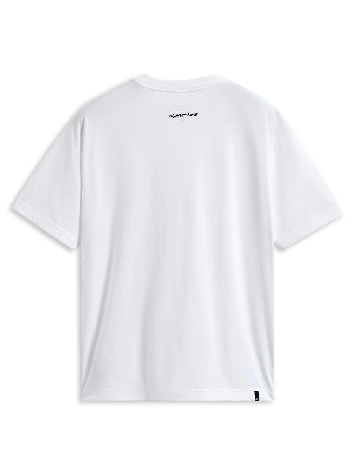 Alpinestars Focused Oversized CSF Tee, t-shirt a maniche corte, bianco, vista posteriore con piccolo logo Alpinestars nero sul collo ed etichetta esterna sull'orlo, streetwear casual motorsport