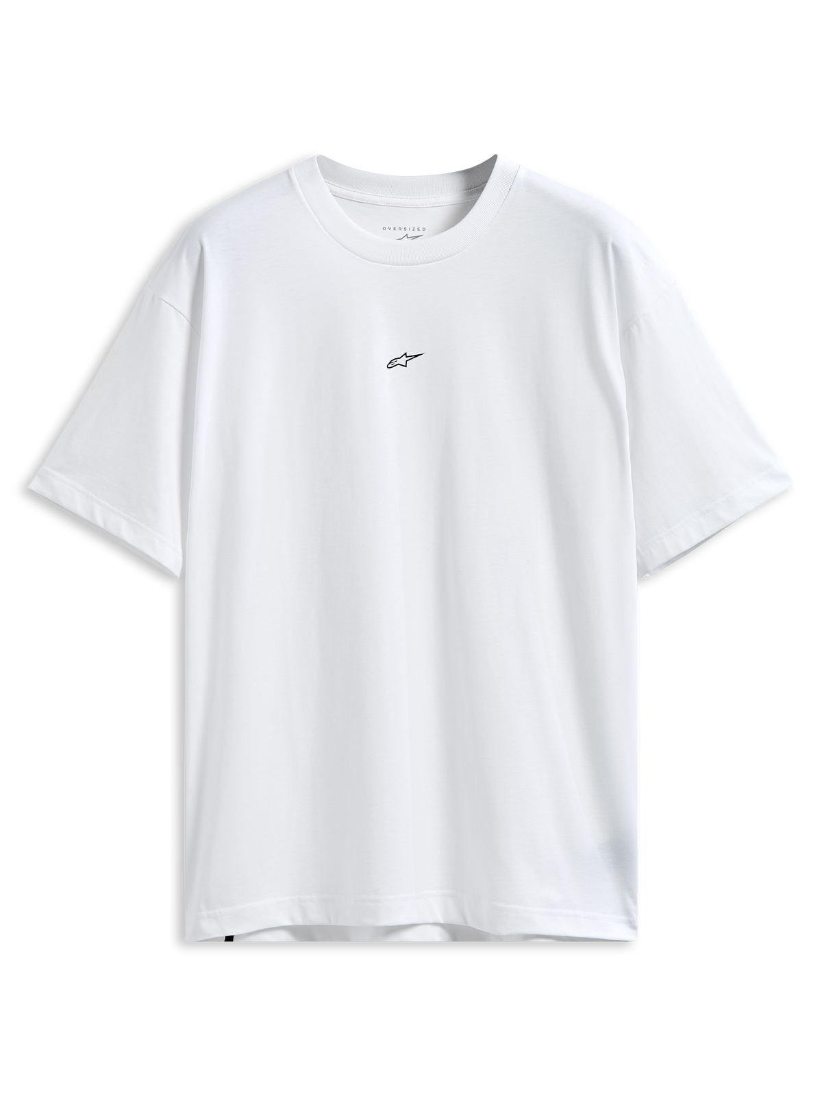 Alpinestars Focused Oversized CSF Tee, t-shirt a maniche corte, bianca, piccolo logo Astars nero sul petto, vestibilità rilassata oversize, streetwear casual ispirato al motorsport