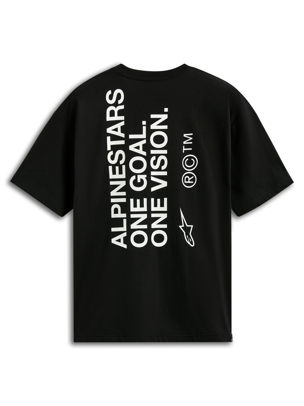 Alpinestars One Oversized CSF Tee, maglietta a maniche corte, nero, vista posteriore con testo bianco verticale 'ALPINESTARS ONE GOAL. ONE VISION.' e logo Astars, abbigliamento casual motorsport streetwear