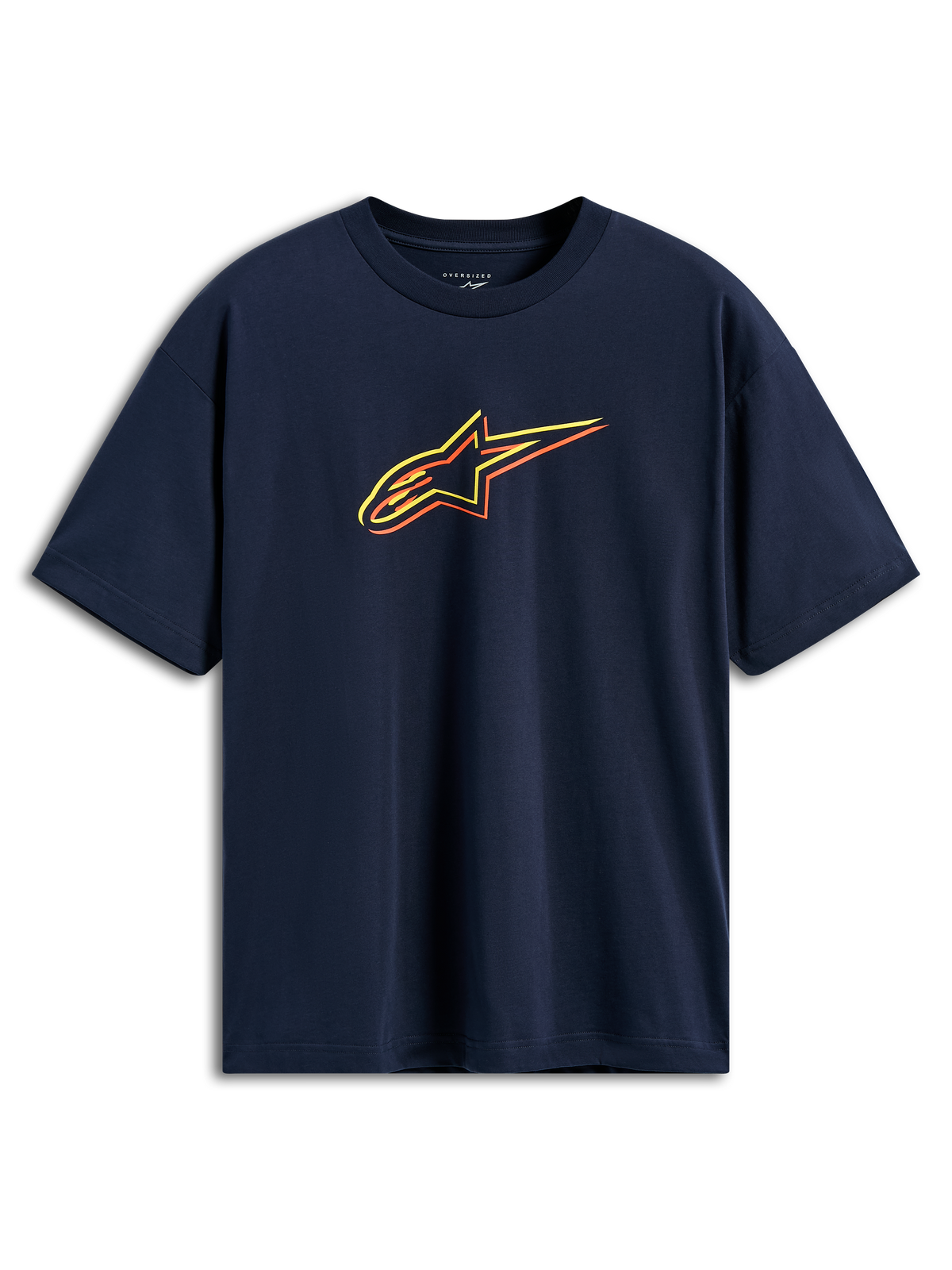 Alpinestars Alter Oversized CSF Tee, t-shirt a maniche corte, blu navy, logo Astars con profili sfalsati in giallo, arancione e rosso, streetwear casual motorsport