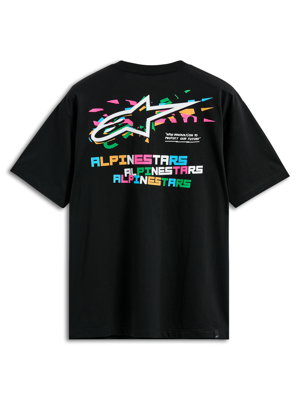 Alpinestars Wild Oversized CSF Tee, t-shirt a maniche corte, nero, vista posteriore con logo Astars multicolore vivace e scritta Alpinestars a blocchi sovrapposti, streetwear casual