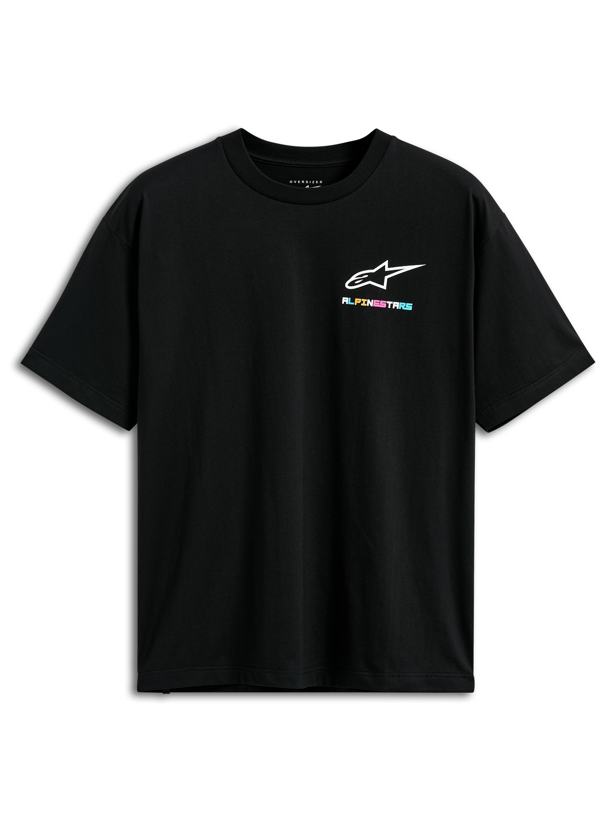 Alpinestars Wild Oversized CSF Tee, maglietta a maniche corte, nero, con un piccolo logo Alpinestars multicolore vivace sul petto, vestibilità oversize, streetwear casual