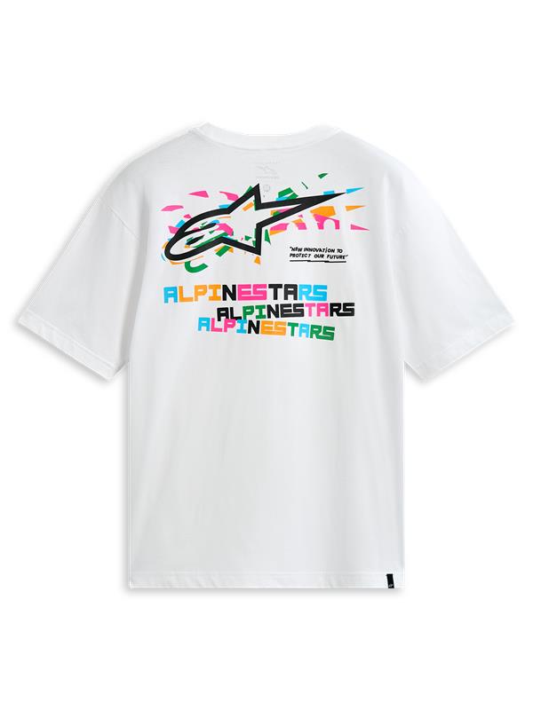 Alpinestars T-Shirt Wild Oversized CSF, maglietta a maniche corte bianca, vista posteriore con logo Astars multicolore e grafica stampata