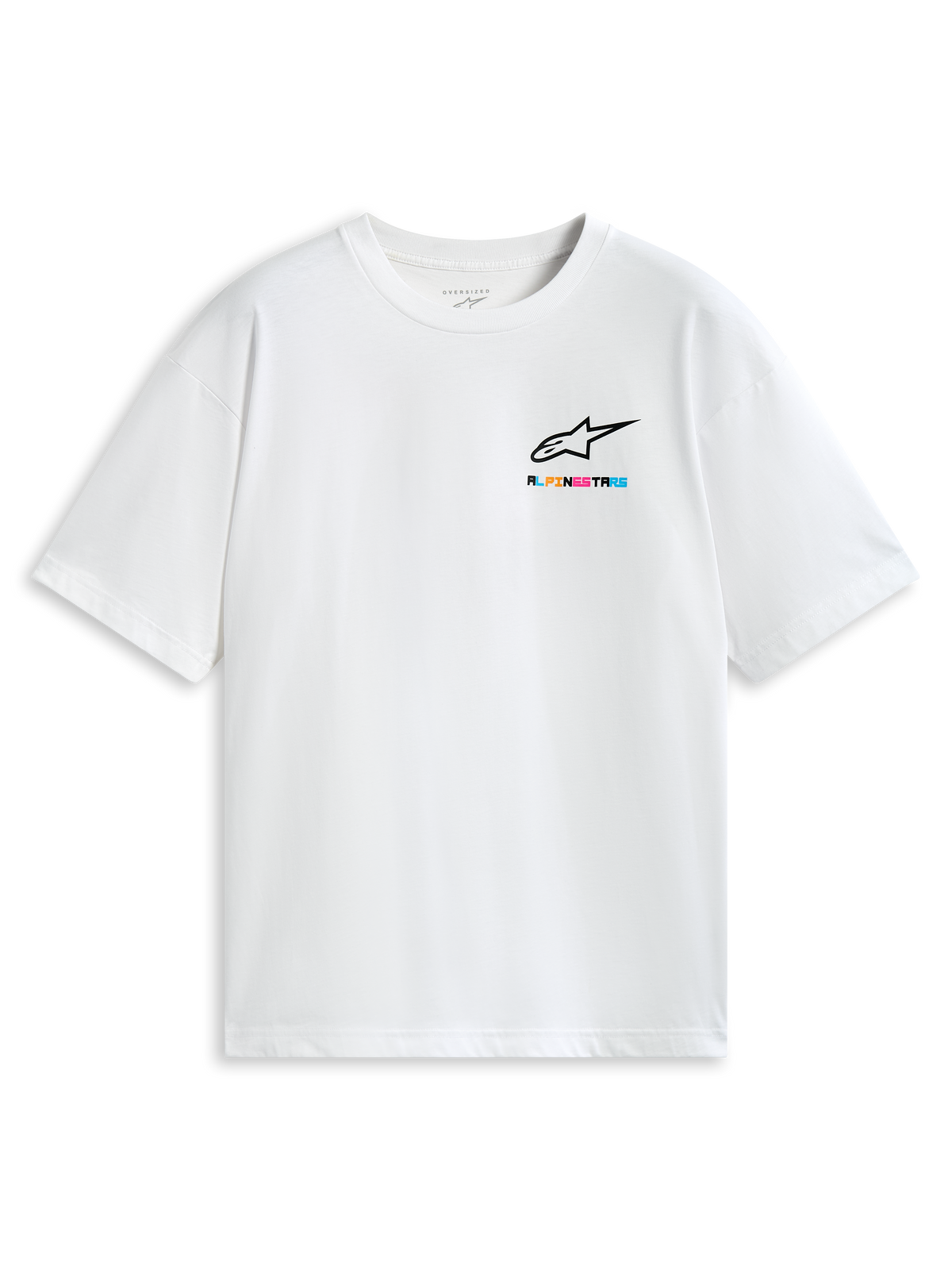 Alpinestars T-Shirt Wild Oversized CSF, maglietta a maniche corte bianca con logo multicolore sul petto, vestibilità ampia casual