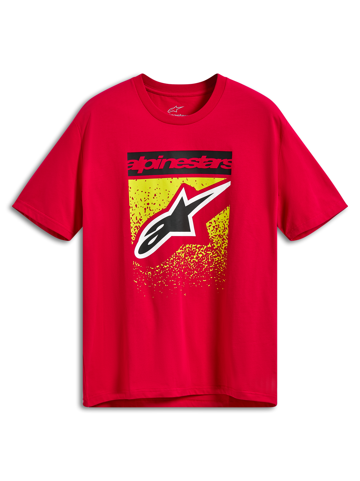 Alpinestars Noka CSF Tee, maglietta a maniche corte, rosso, grafica frontale con barra di testo Alpinestars nera e grande logo Astars su schizzi con sfumatura MX gialla e rossa, abbigliamento sportivo casual per sport motoristici
