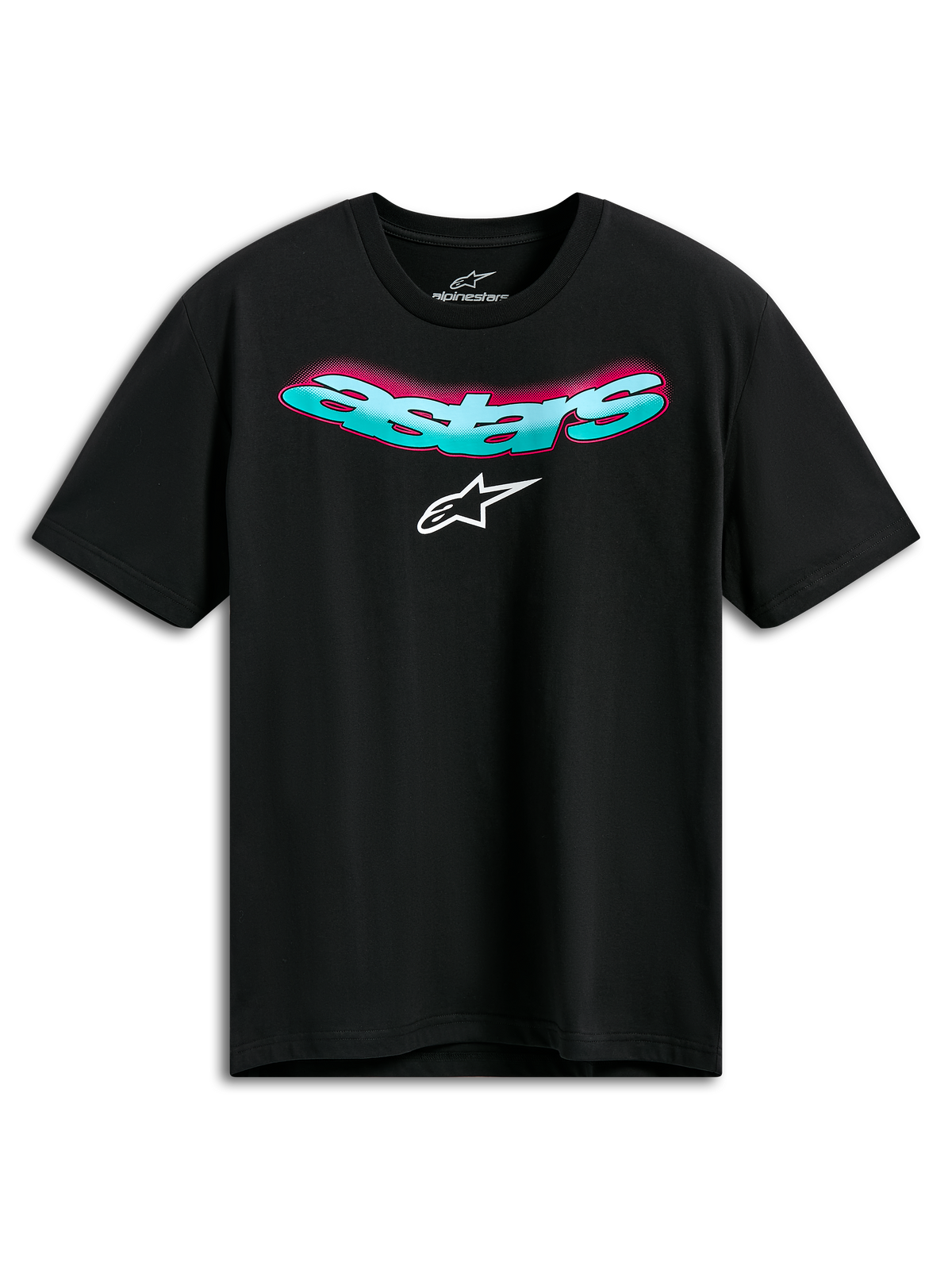 Alpinestars Ellipsoid CSF Tee, t-shirt a maniche corte, nero, scritta Astars curva verde acqua con sfumatura rosa e logo bianco, abbigliamento sportivo casual motorsport