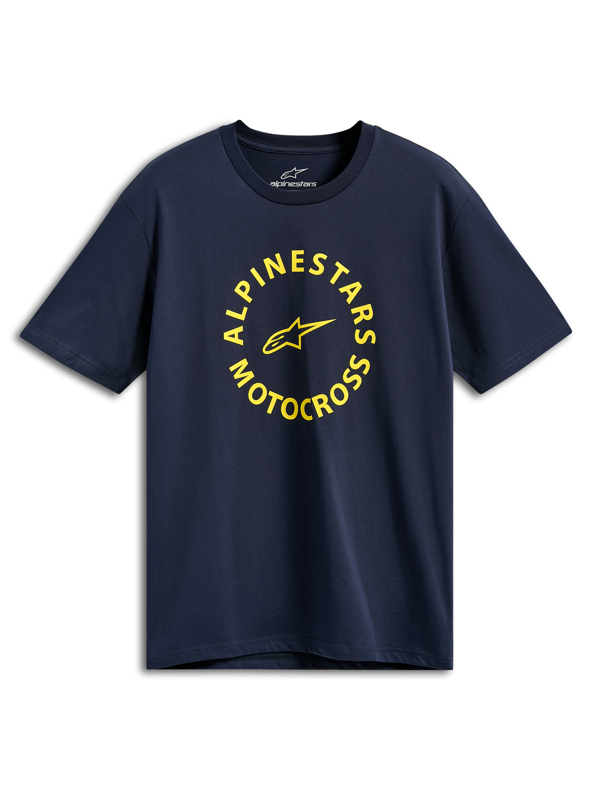 Alpinestars MX CSF Tee, t-shirt a maniche corte, blu navy, grafica circolare gialla Alpinestars Motocross, abbigliamento casual motorsport streetwear