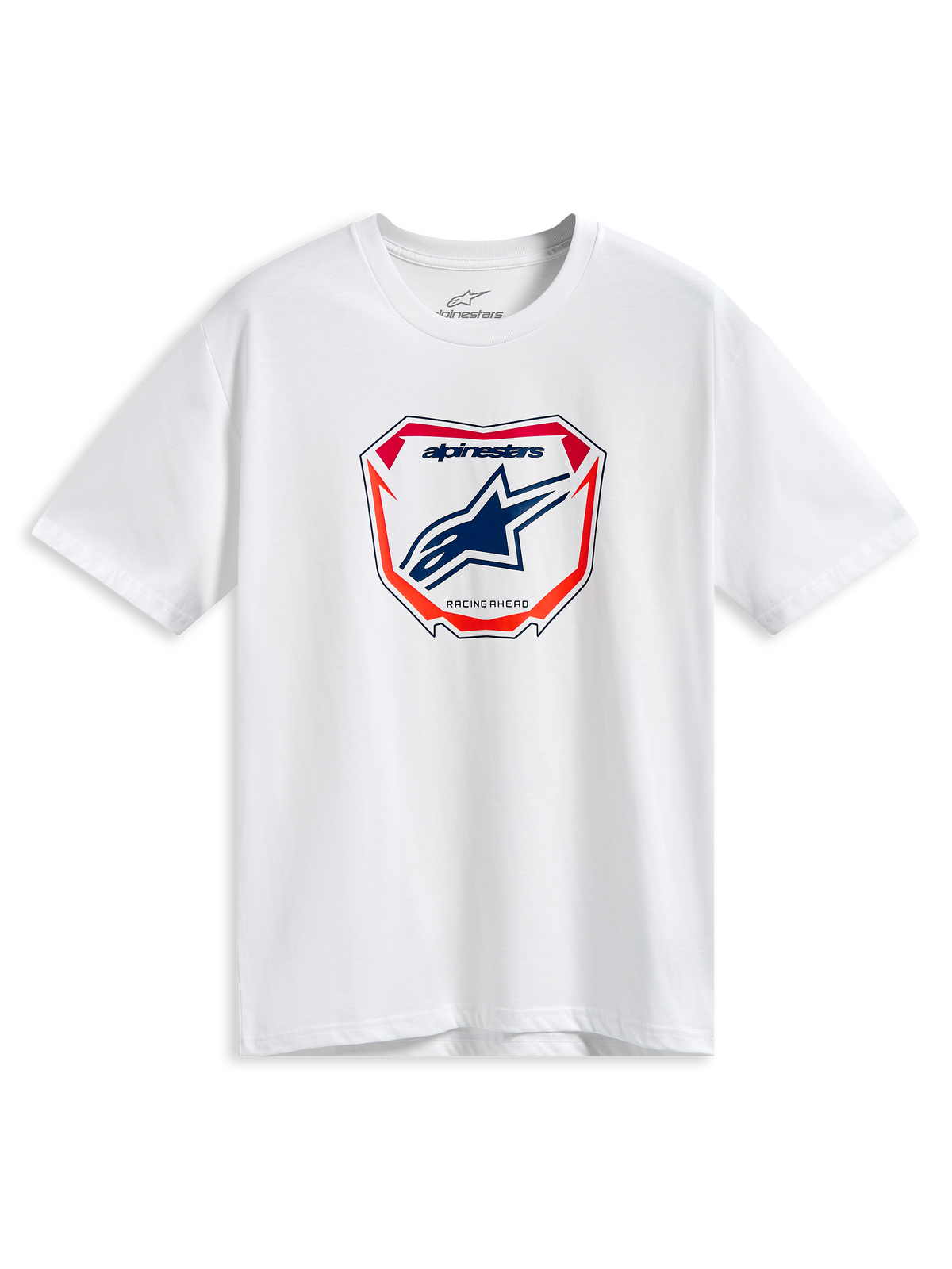 Alpinestars Plate CSF Tee, t-shirt a maniche corte, bianca, grafica centrale MX Plate con logo Astars blu e accenti rossi e arancioni, streetwear casual ispirato al motorsport
