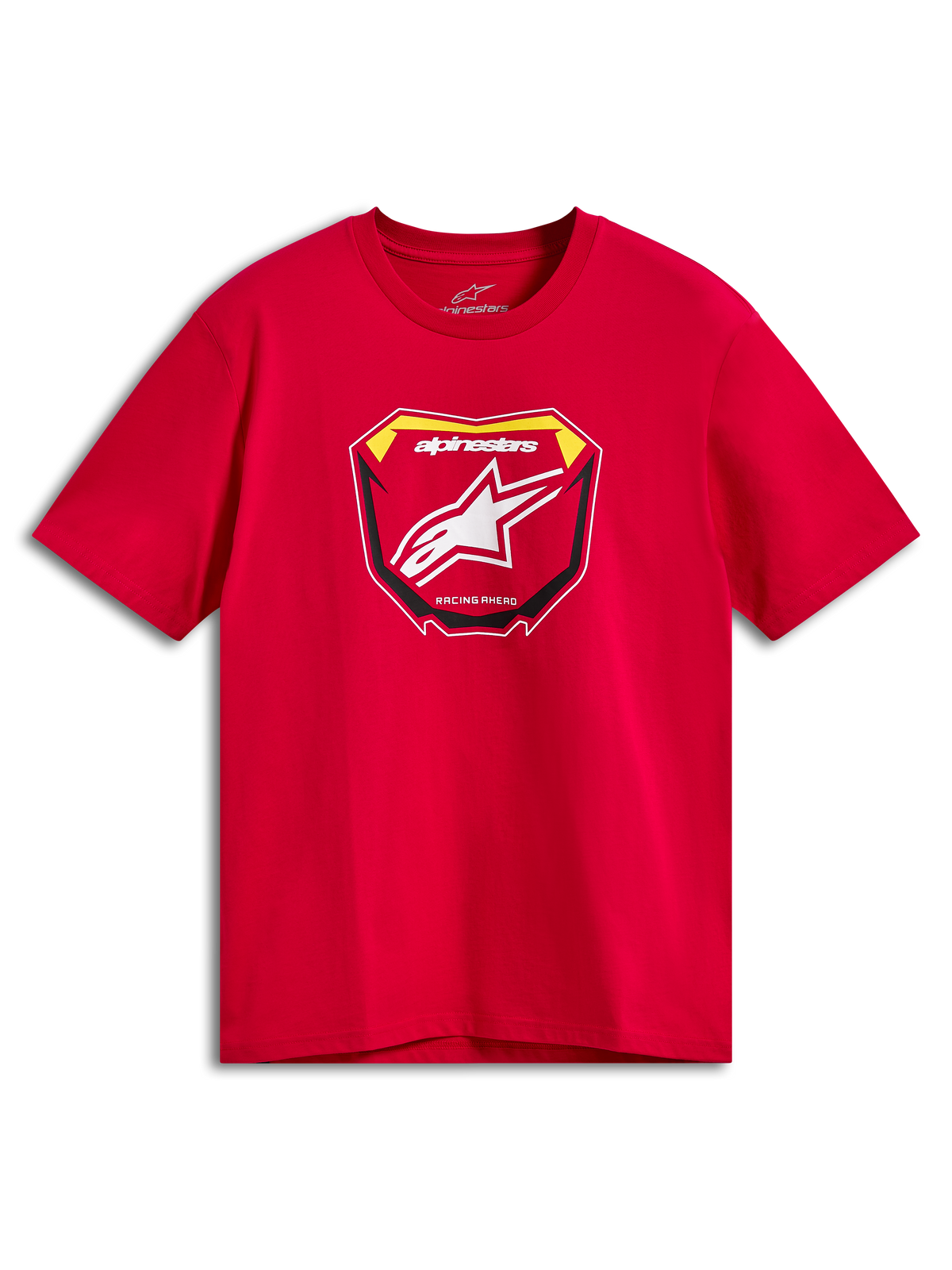 Alpinestars Plate CSF Tee, t-shirt a maniche corte, rosso, grafica frontale con tabella MX, logo Astars bianco e testo Racing Ahead, abbigliamento sportivo casual motorsport