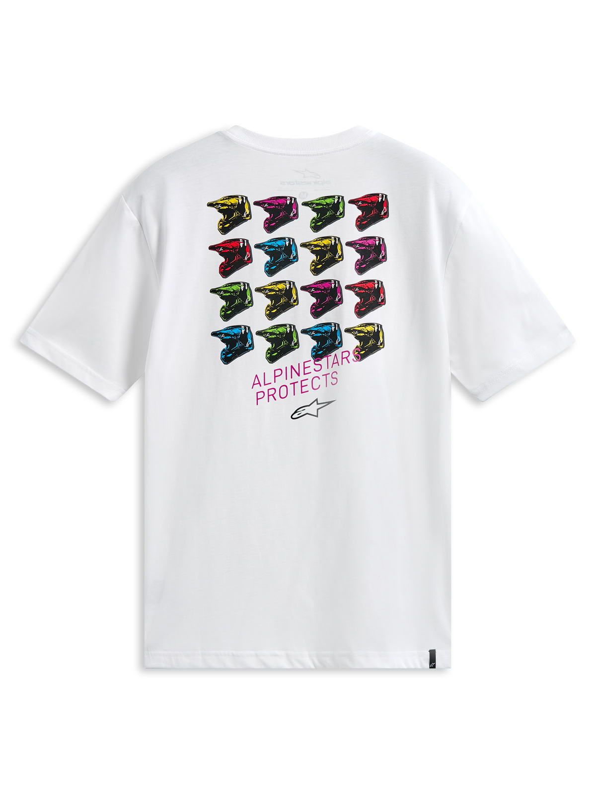 Alpinestars Maglietta Pop Helmet CSF, T-shirt a maniche corte, bianco, vista posteriore con una griglia di caschi M10 multicolore e la scritta ALPINESTARS PROTECTS, streetwear casual d'ispirazione motorsport