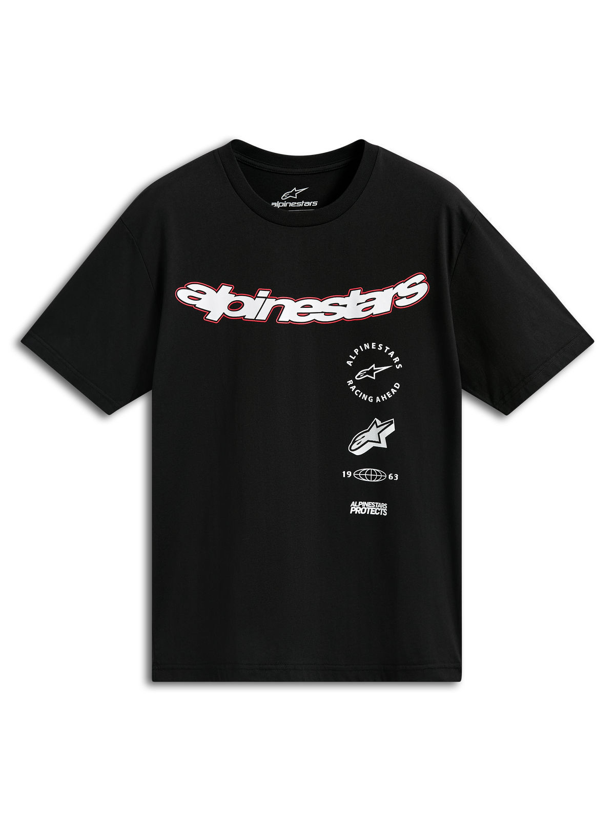 Alpinestars Abus CSF Tee, t-shirt a maniche corte, nero, logo Alpinestars curvo bianco con bordo rosso, grafiche multiple tra cui Racing Ahead e 1963, abbigliamento casual motorsport streetwear