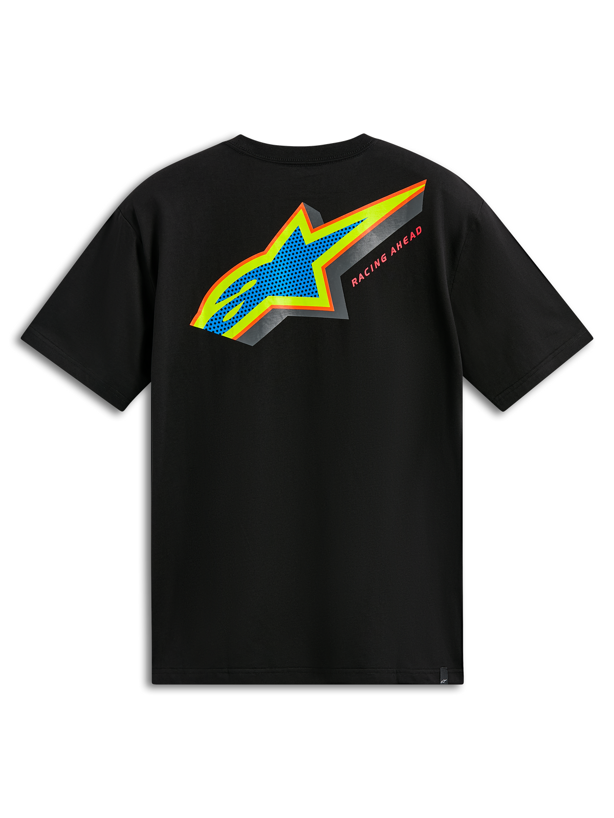 Alpinestars Angler CSF Tee, maglietta a maniche corte, nero, vista posteriore con logo Astars multicolore, riempimento perforato blu e scritta Racing Ahead, abbigliamento casual motorsport streetwear