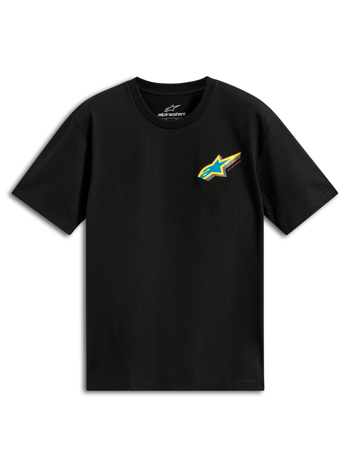 Alpinestars Angler CSF Tee, maglietta a maniche corte, nero, logo Astars multicolore vibrante con stella blu e bordo giallo sul petto, abbigliamento casual motorsport streetwear