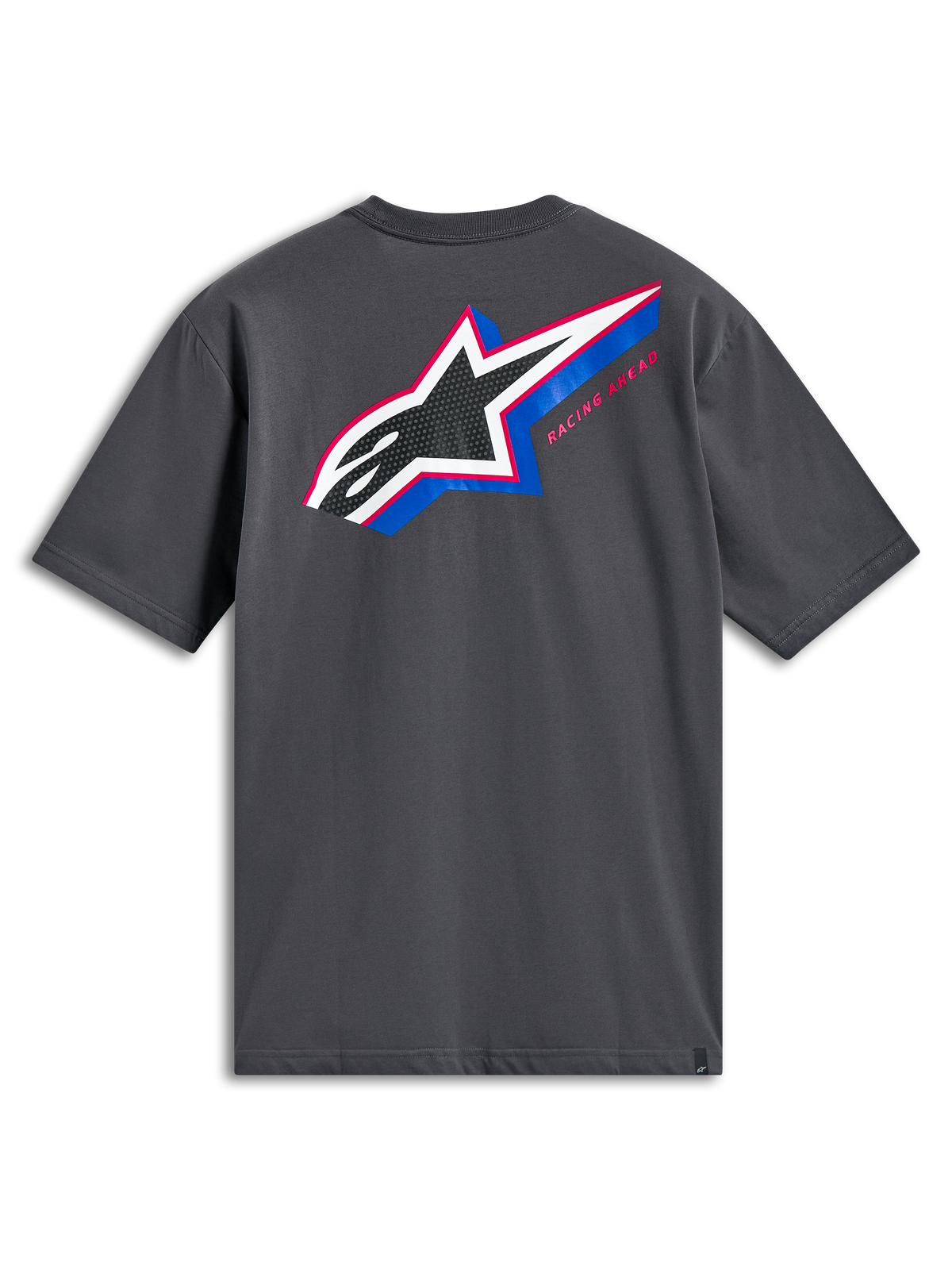 Alpinestars Angler CSF Tee, maglietta a maniche corte, grigio antracite, vista posteriore con grande logo Astars multicolore con riempimento perforato, accenti blu e rosa e testo 'Racing Ahead', abbigliamento casual motorsport