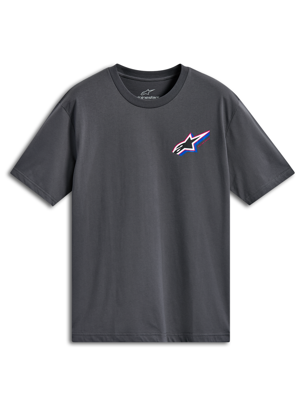 Alpinestars Angler CSF Tee, maglietta a maniche corte, grigio antracite, logo Astars multicolore sul petto a sinistra con accenti rossi e blu, abbigliamento casual motorsport