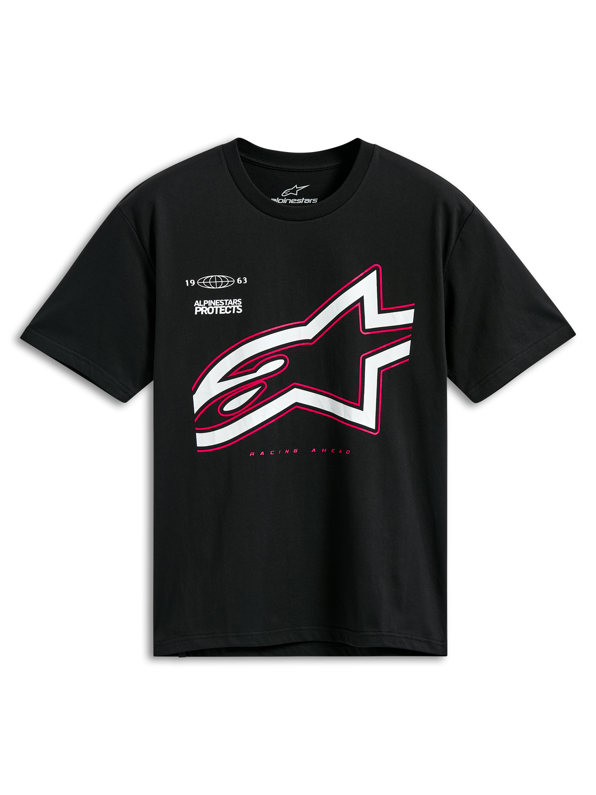 Alpinestars Authority CSF Tee, t-shirt a maniche corte, nero, grande logo Astars bianco con contorno rosa, con scritte 'Alpinestars Protects' e 'Racing Ahead', streetwear casual motorsport
