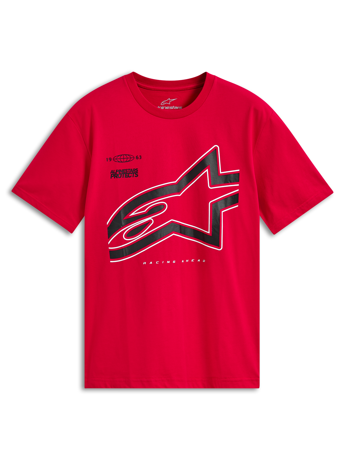 Alpinestars Authority CSF Tee, T-shirt a maniche corte, rosso, grande logo Astars ritagliato nero con bordo bianco, abbigliamento casual motorsport