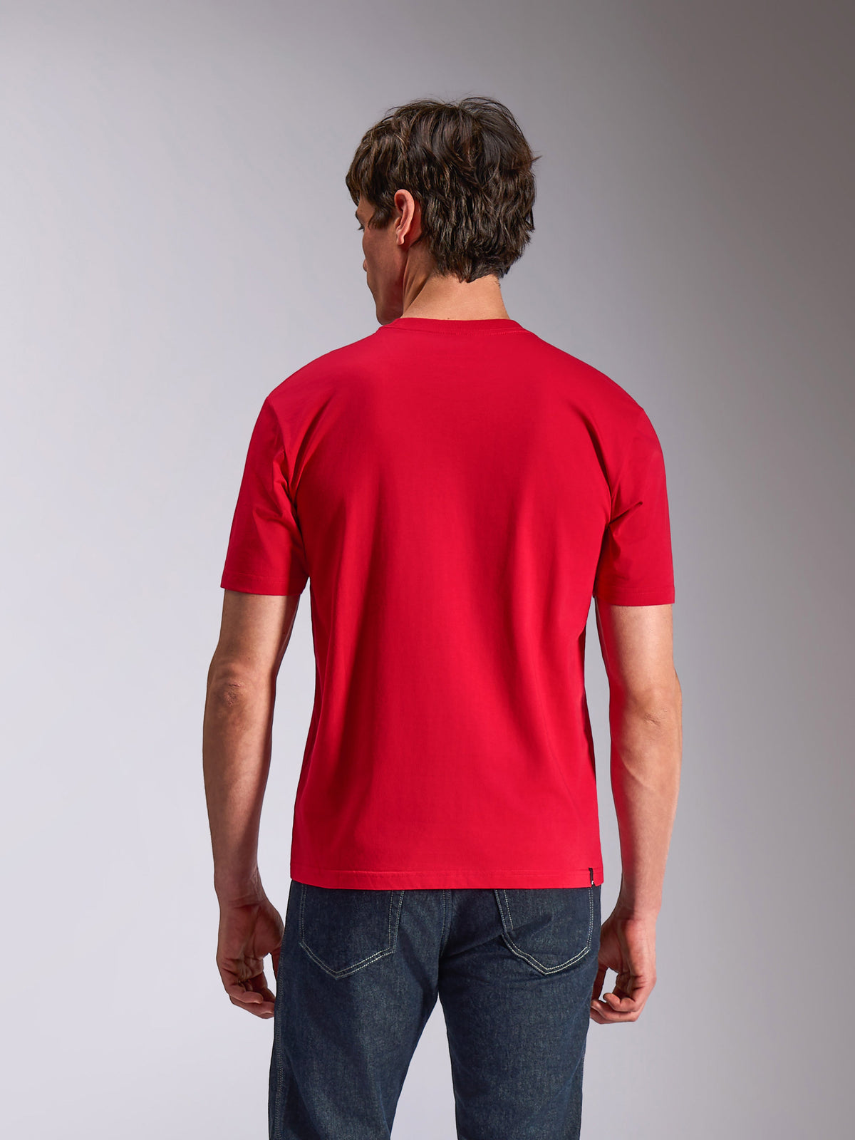 Alpinestars Authority CSF Tee, T-shirt a maniche corte, rosso, vista posteriore su modello che indossa jeans scuri, streetwear casual motorsport