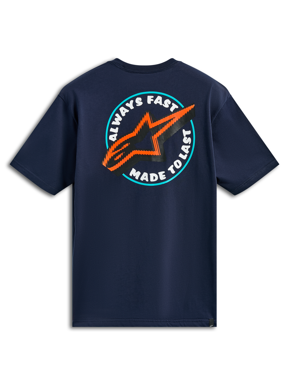 Alpinestars Aorbit CSF Tee, T-shirt a maniche corte, blu navy, vista posteriore con grafica circolare Always Fast Made to Last e logo a stella arancione e nero, abbigliamento casual motorsport streetwear