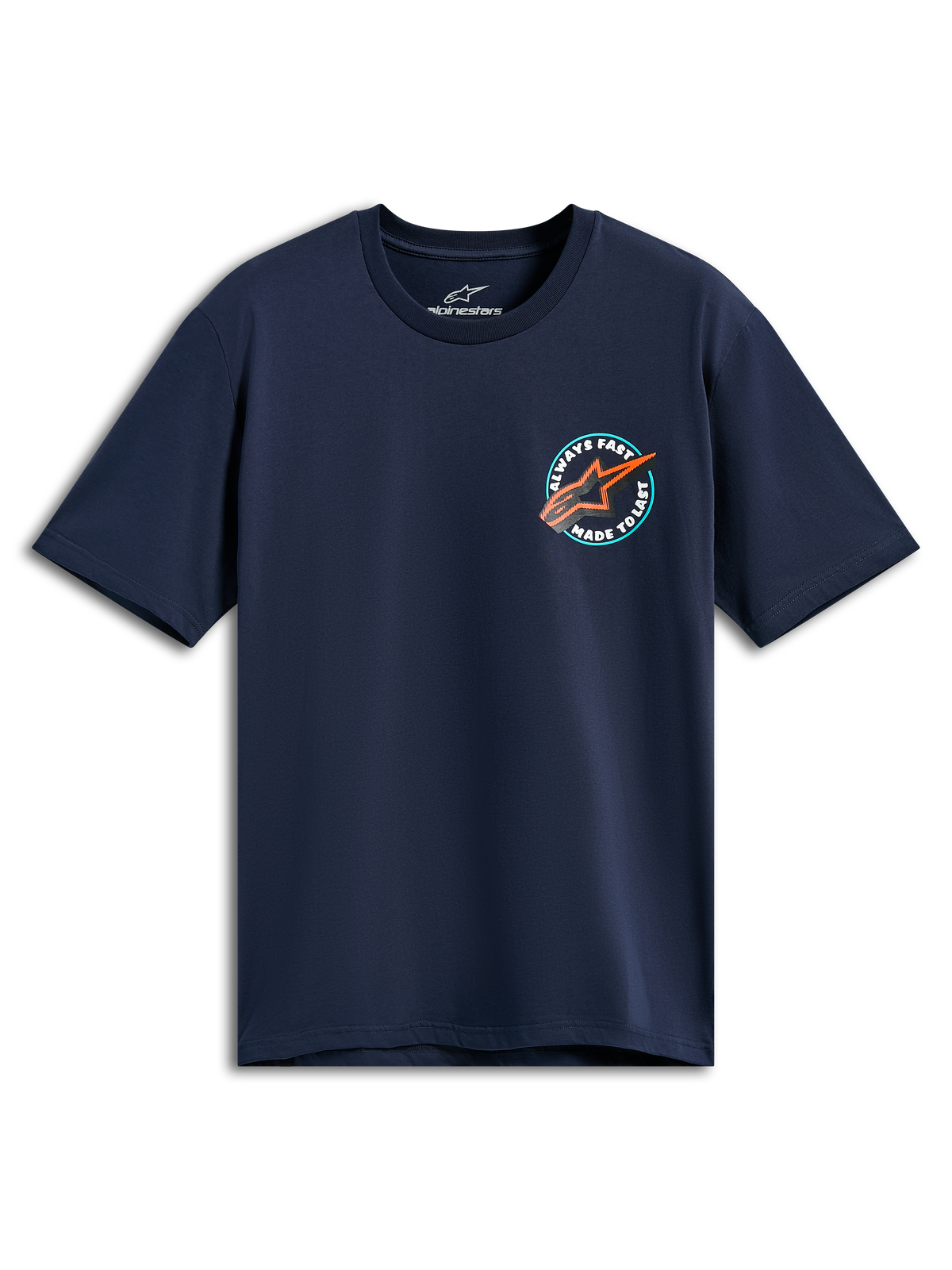 Alpinestars Aorbit CSF Tee, maglietta a maniche corte, blu navy, grafica circolare sul petto con logo Astars arancione e scritta Always Fast Made to Last, abbigliamento sportivo casual da motorsport