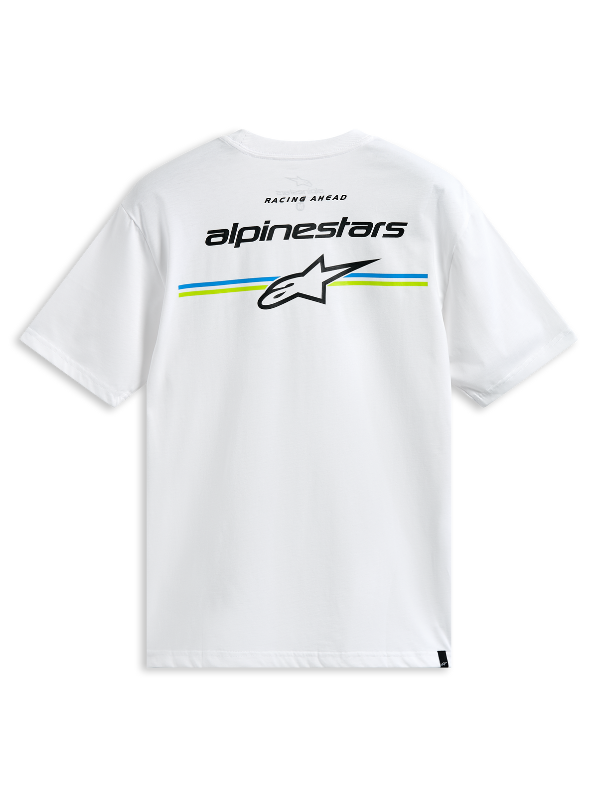 Alpinestars Lanes CSF Tee, t-shirt a maniche corte, bianco, con scritta Alpinestars e logo Astars su strisce blu e verde lime sul retro, streetwear casual motorsport