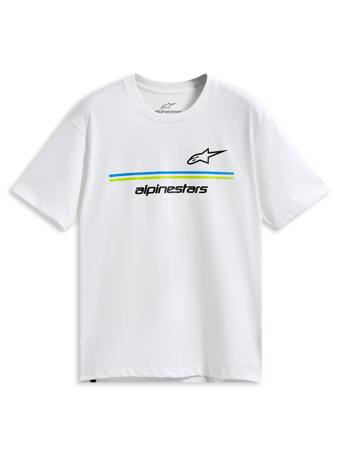 Alpinestars Lanes CSF Tee, maglietta a maniche corte, bianca, loghi Astars e Alpinestars neri con strisce orizzontali blu e verde lime, abbigliamento casual sportivo