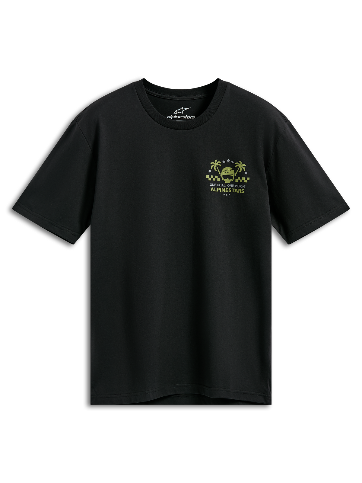 Alpinestars Order CSF Tee, t-shirt a maniche corte, nero, grafica sul petto gialla e verde con casco e palme, testo One Goal One Vision, abbigliamento streetwear casual motorsport