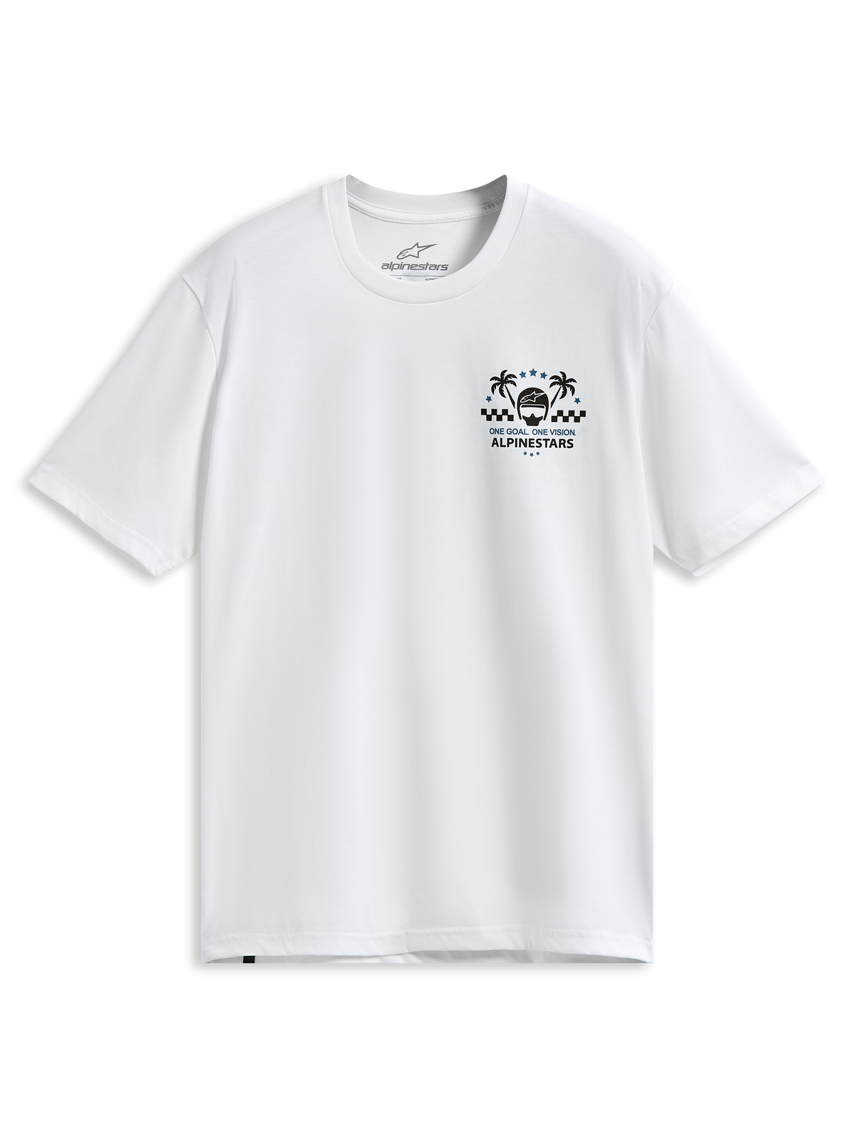 Alpinestars Order CSF Tee, maglietta a maniche corte, bianca, grafica sul petto con palme e casco da corsa, testo One Goal One Vision, abbigliamento sportivo casual da motorsport