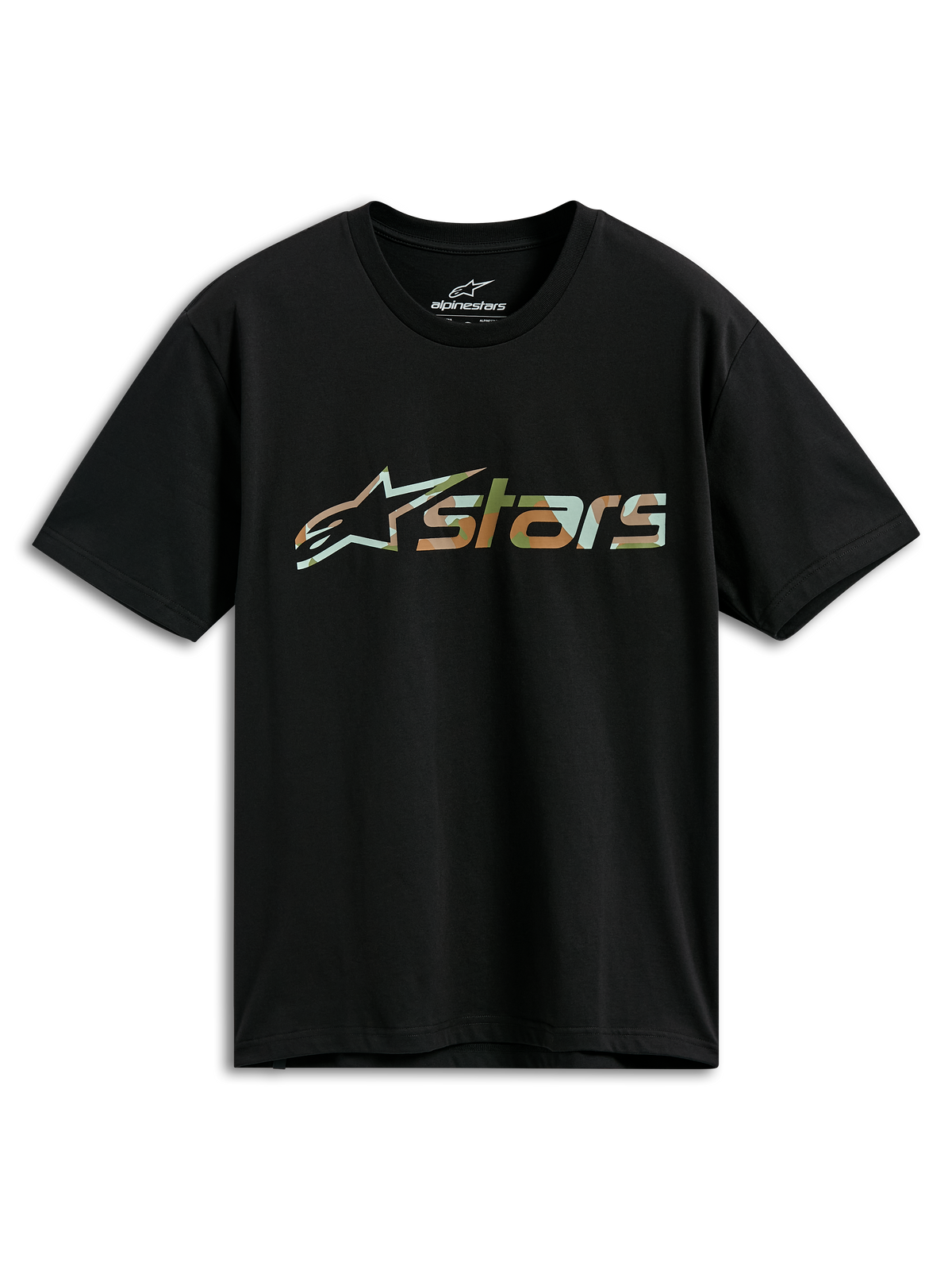 Alpinestars Verdure Camo CSF Tee, t-shirt a maniche corte, nero, logo Astars con riempimento camo, abbigliamento casual motorsport streetwear