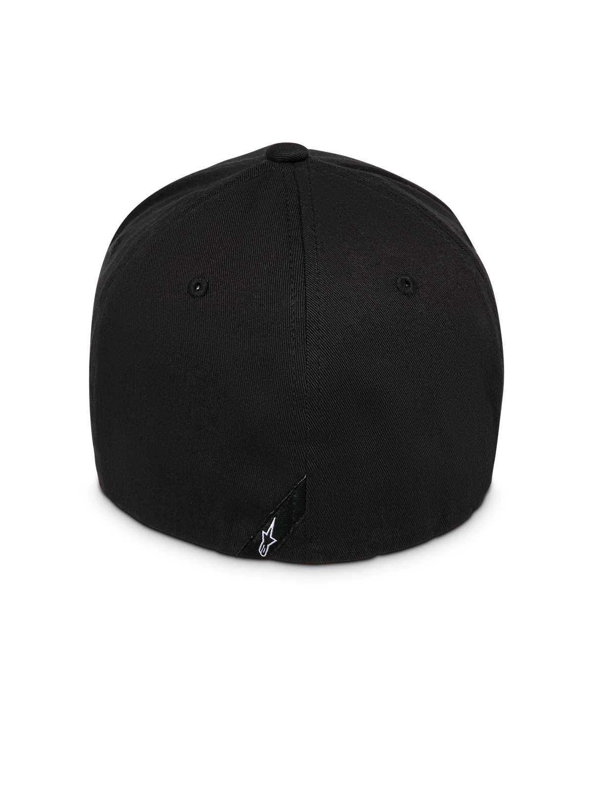 Alpinestars Instinct Hat, nero, vista posteriore che mostra la corona strutturata e il design flex-back, con una piccola etichetta nera e logo Astars bianco, resistente tessuto twill, copricapo casual ispirato al motorsport