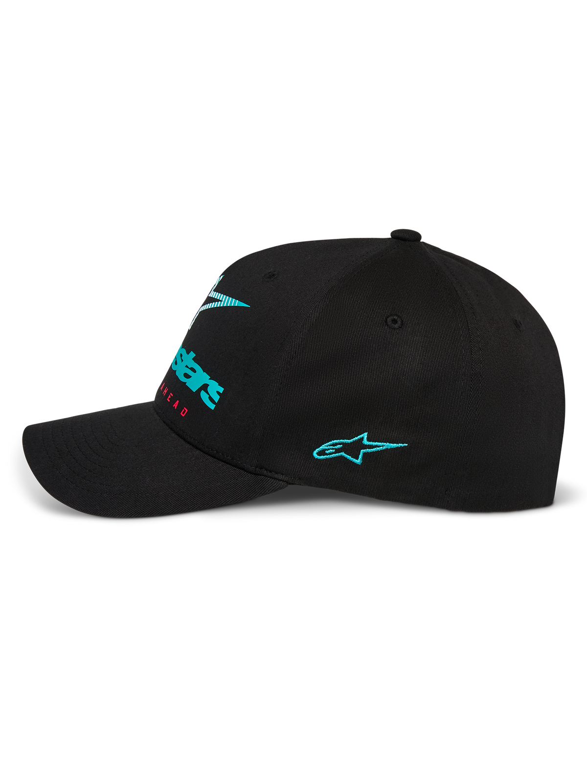 Cappello Alpinestars Instinct, profilo laterale di un cappello da baseball nero, con logo Astars ricamato in teal sul lato e logo frontale a gradiente, visiera curva con corona strutturata, streetwear casual da motorsport