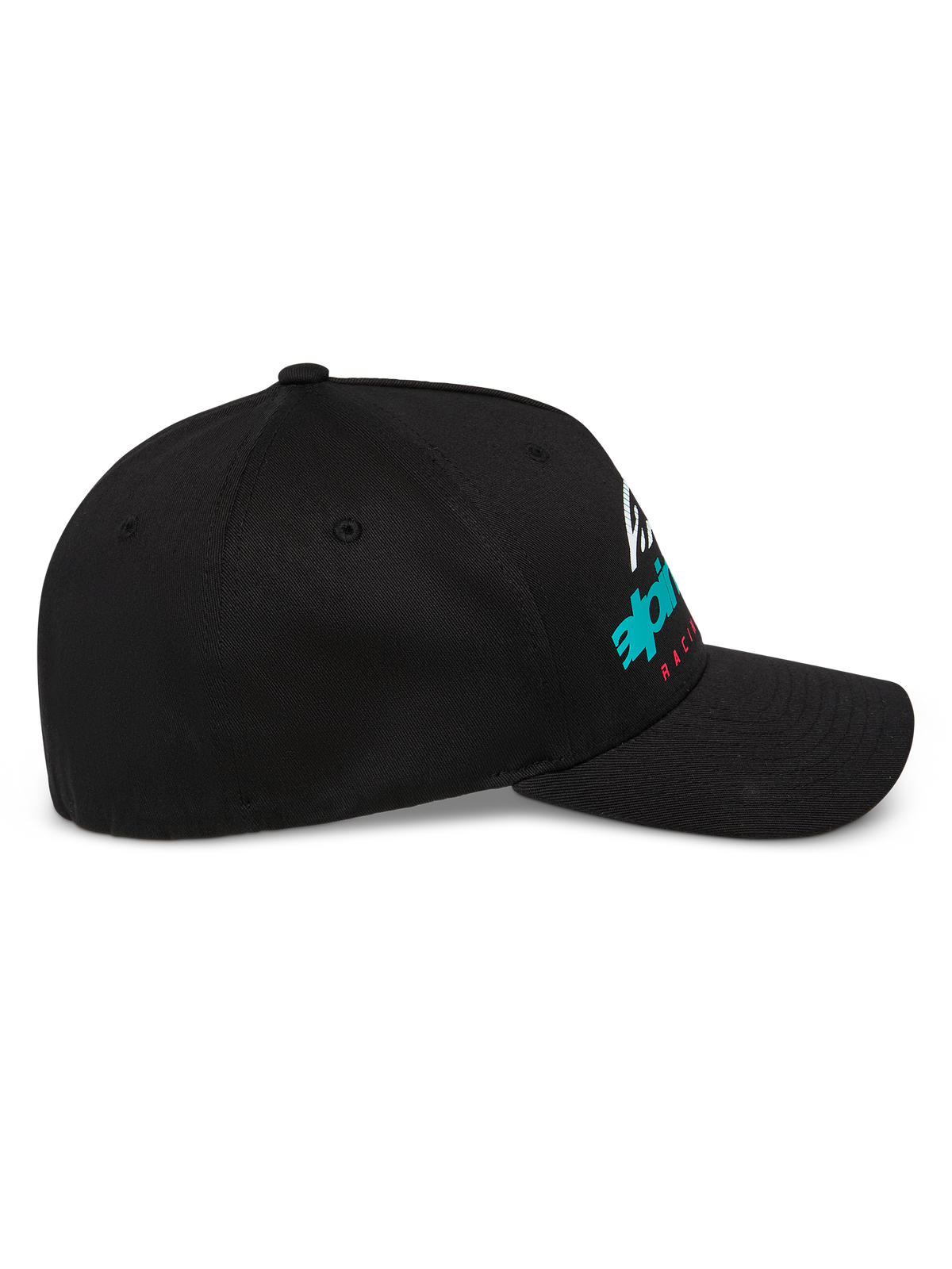 Cappello Alpinestars Instinct, berretto da baseball strutturato, nero, profilo laterale con visiera curva e stampa del logo Astars a gradiente, streetwear casual ispirato al motorsport