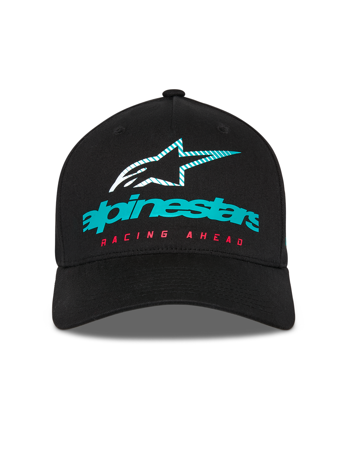 Cappello Alpinestars Instinct, cappellino da baseball strutturato, nero, con logo Alpinestars verde acqua, icona a stella striata e scritta 'RACING AHEAD' rossa, visiera curva, streetwear casual motorsport