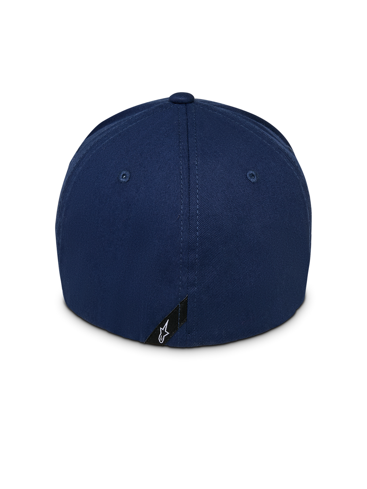 Alpinestars Instinct Hat, cappello da baseball blu navy, vista posteriore che mostra la corona strutturata e il design retro flessibile, con piccola etichetta nera e logo Astars bianco sul bordo inferiore