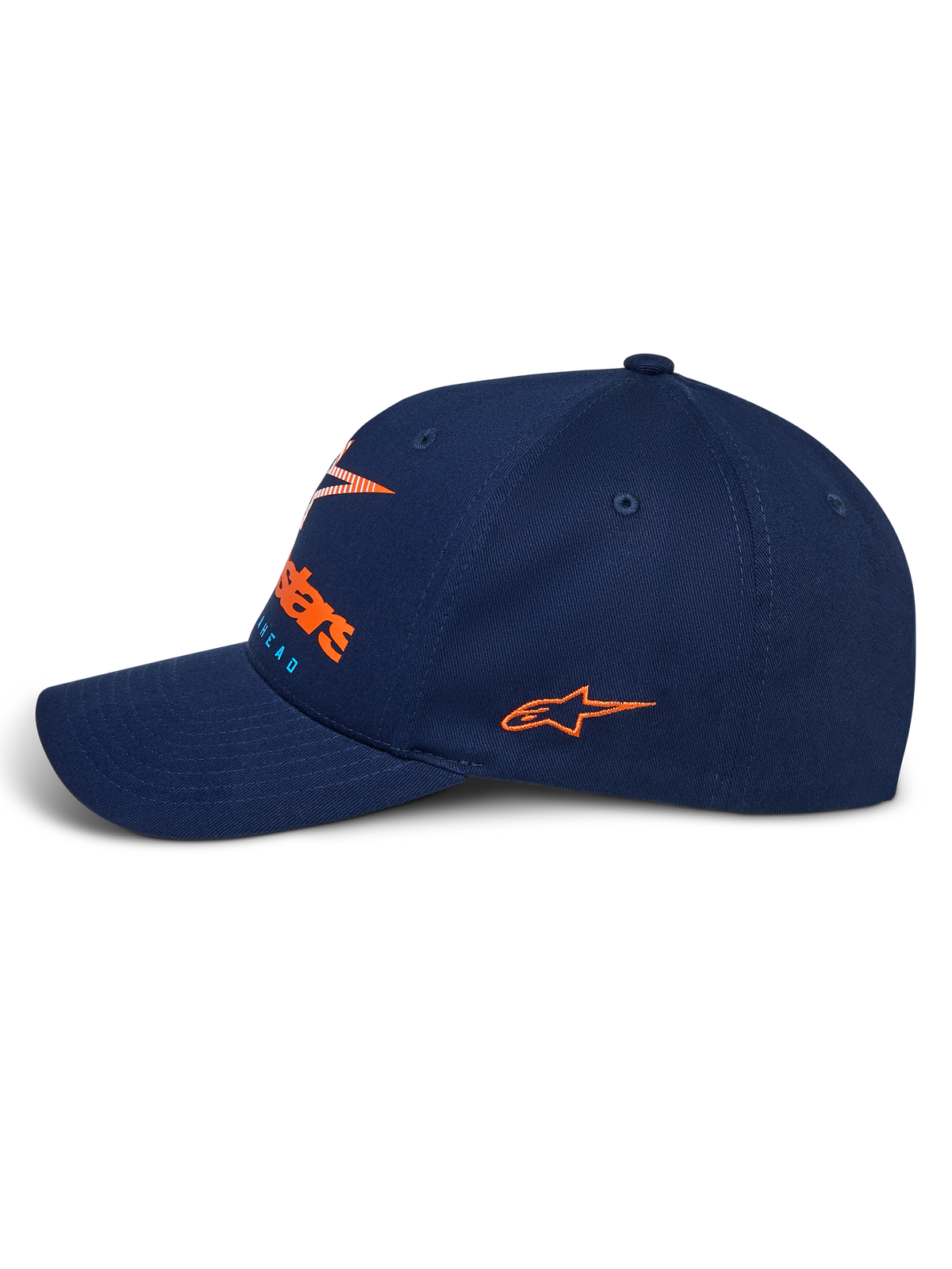 Cappello Alpinestars Instinct, cappello sportivo blu navy, vista laterale con visiera curva, logo laterale ricamato arancione, logo frontale con stampa a gradiente arancione, corona strutturata in tessuto twill
