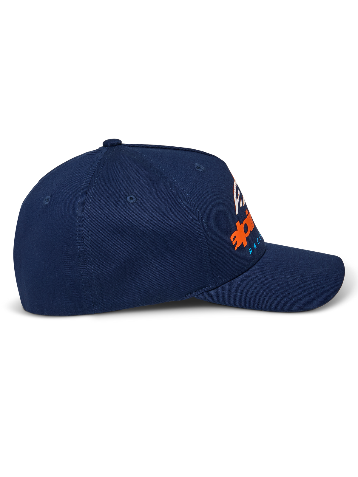 Cappello Alpinestars Instinct, blu navy, visiera curva con corona strutturata, vista laterale con stampa logo a gradiente arancione e blu, abbigliamento sportivo casual