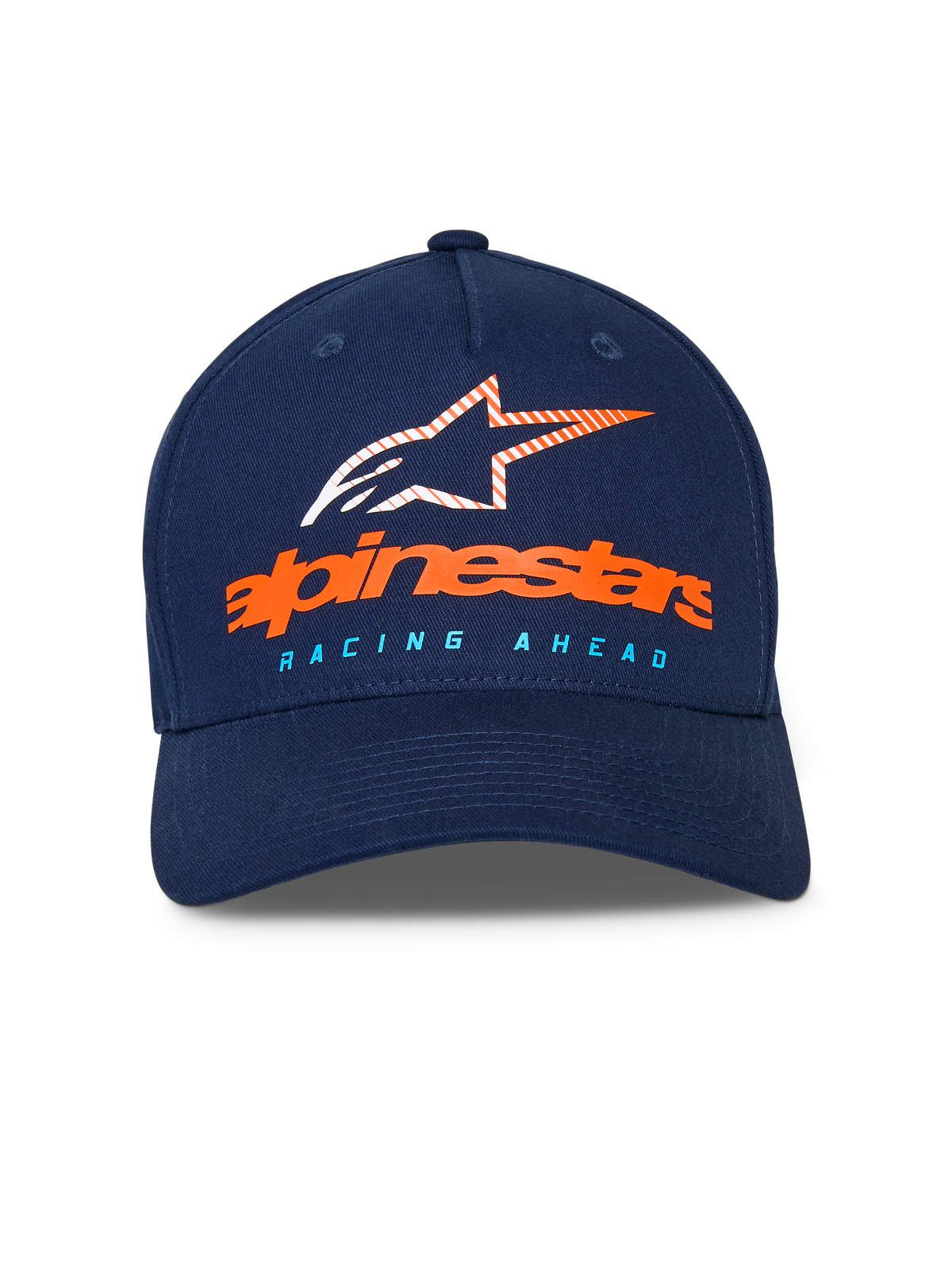 Cappello Alpinestars Instinct, berretto da baseball blu navy, visiera curva con corona strutturata, logo Alpinestars arancione e logo a stella a strisce sul davanti, scritta "RACING AHEAD" azzurra, abbigliamento sportivo casual
