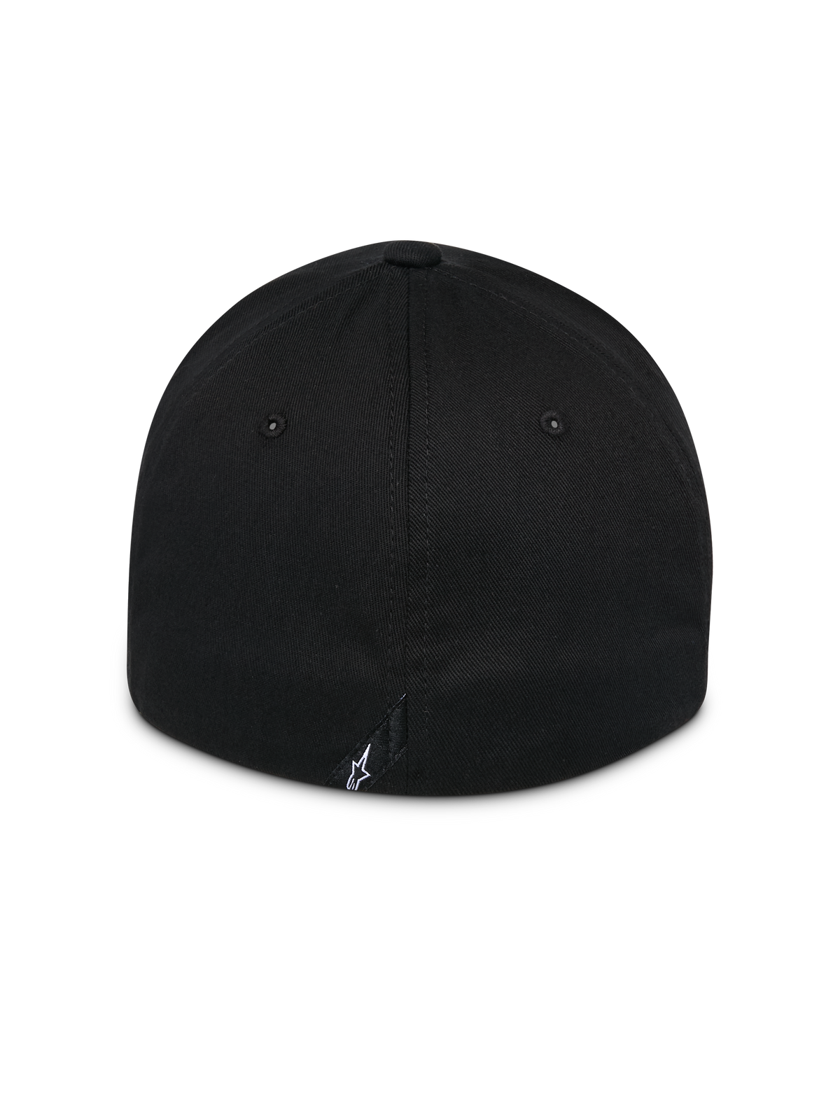 Alpinestars Surpass Hat, nero, vista posteriore del cappello con visiera curva e corona strutturata, design con retro flessibile, piccolo logo Astars bianco sull'etichetta posteriore, copricapo casual da motorsport